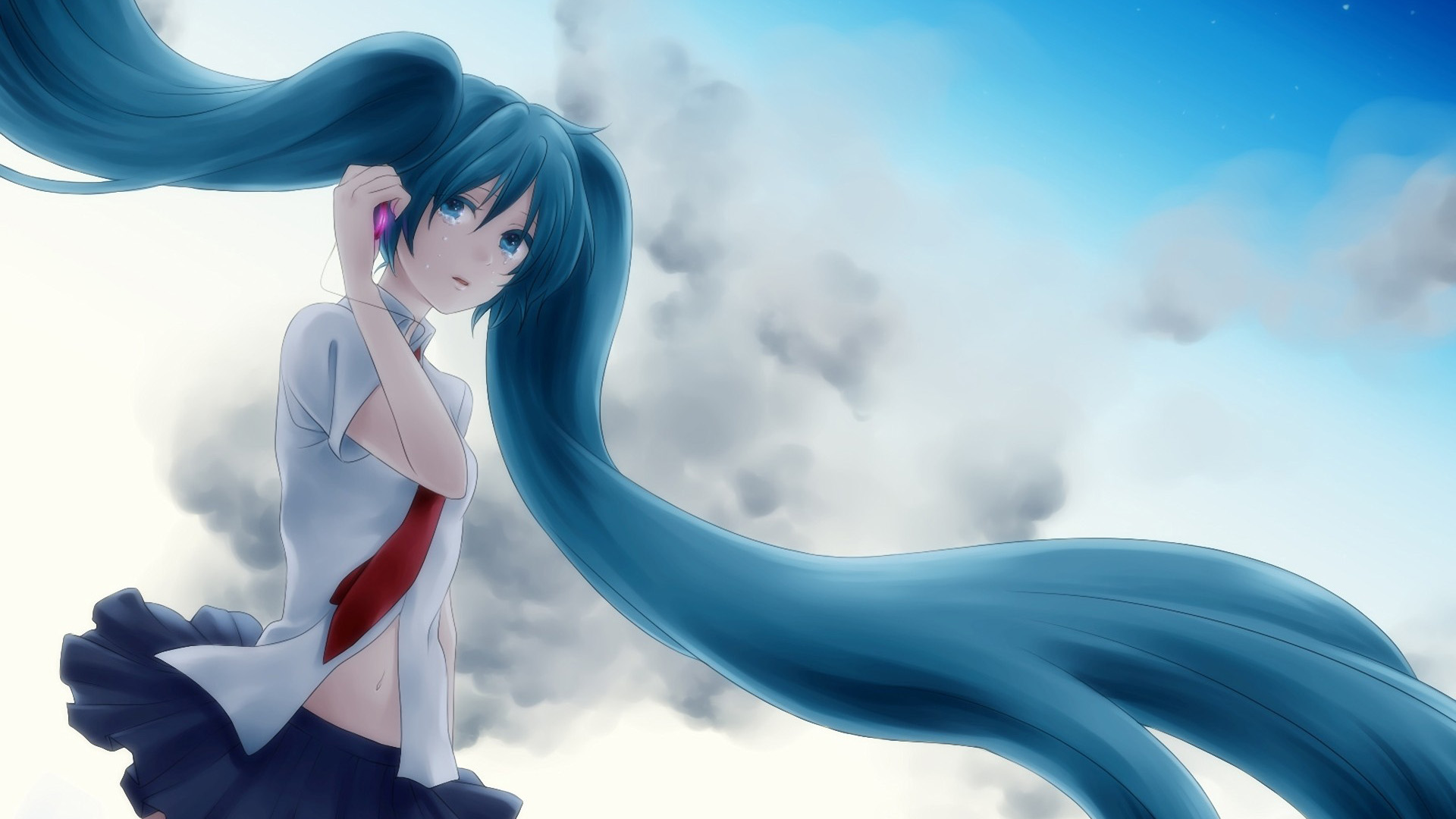 初音未来,泪水,云朵,壁纸