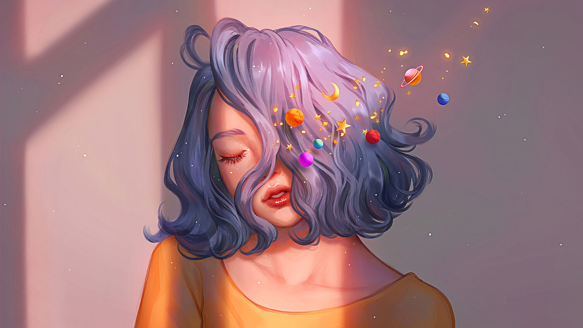 女人 短发 闭着眼睛 艺术作品 星球 星星 动漫壁纸