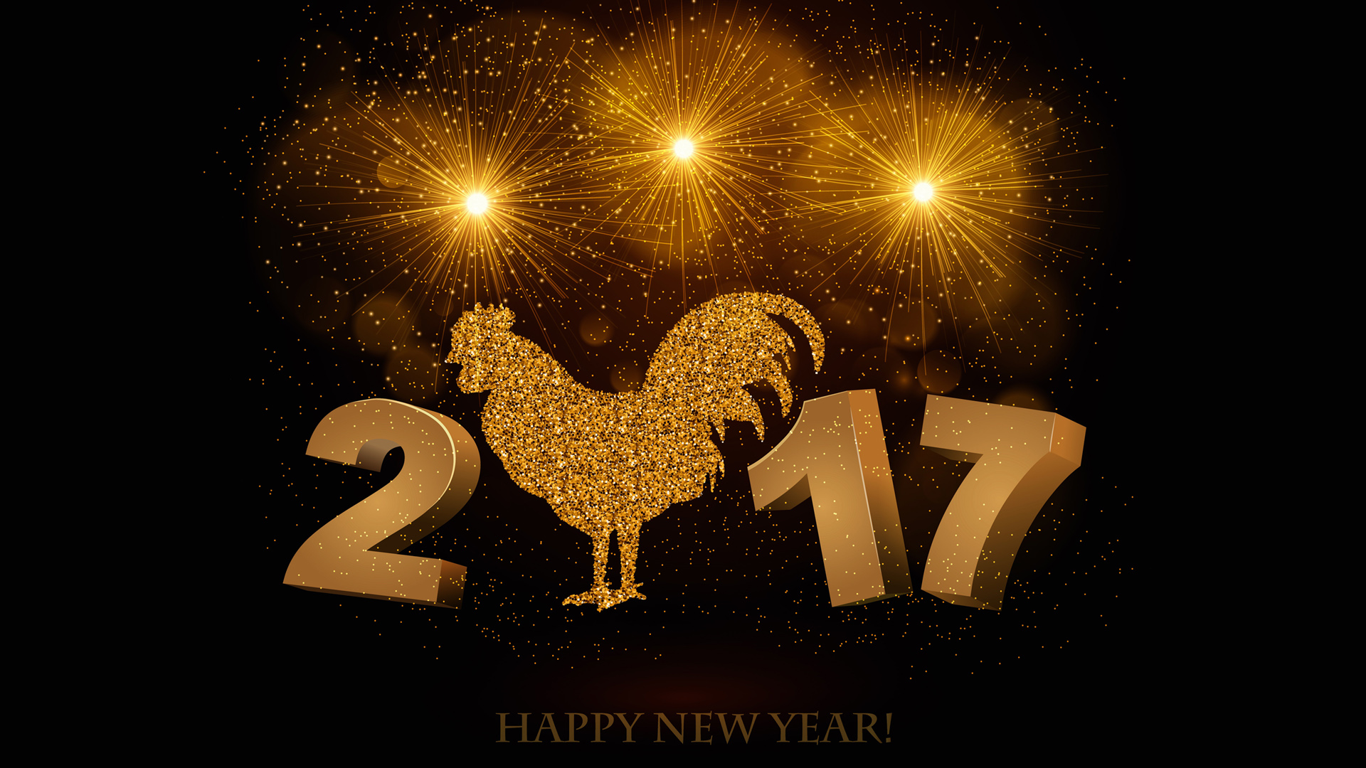 2017金鸡报喜，金色新年，黑色背景烟花绽放，免费桌面壁纸下载