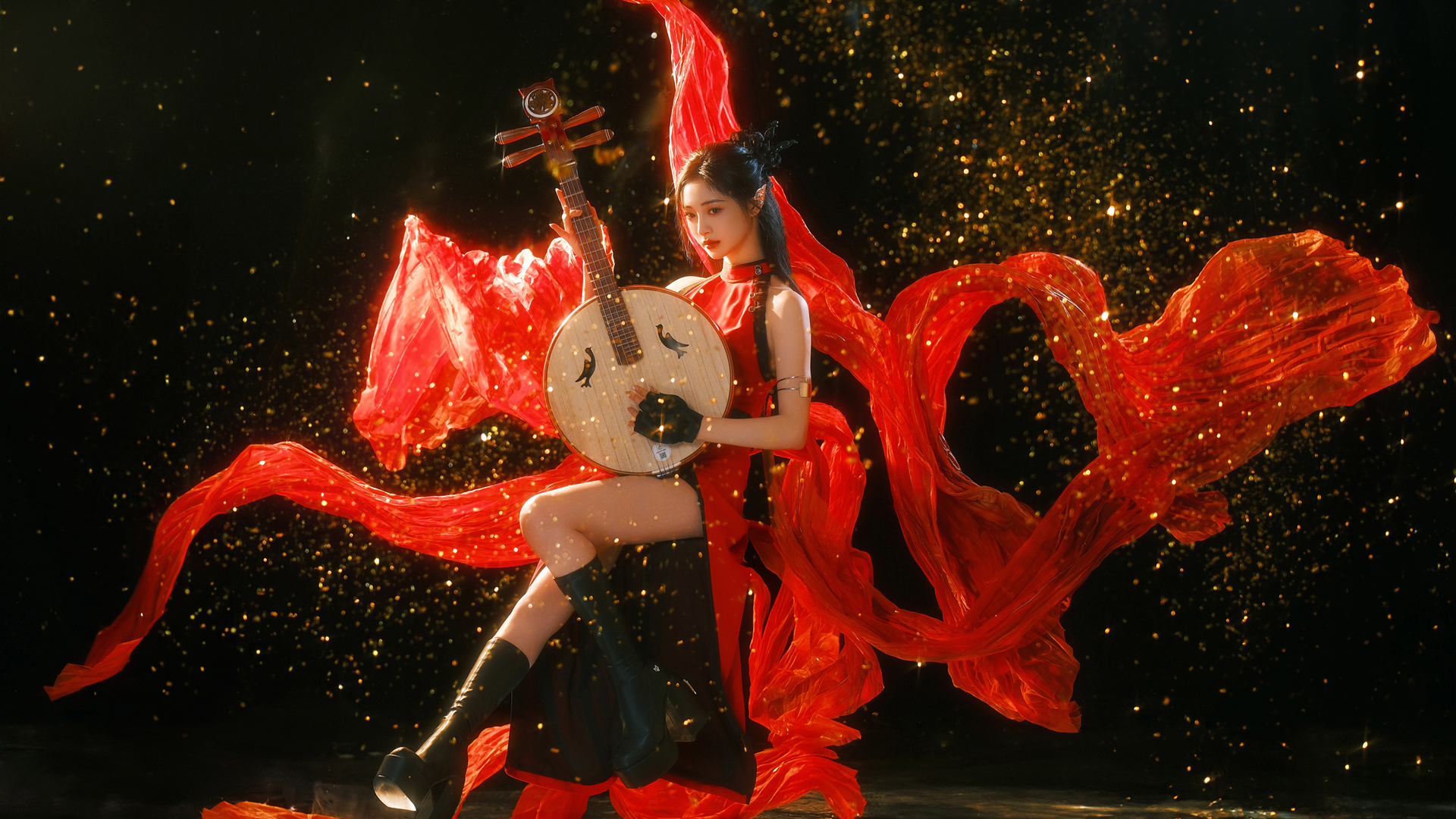 周洁琼琵琶美女壁纸，红色礼服天籁之音，免费电脑壁纸下载