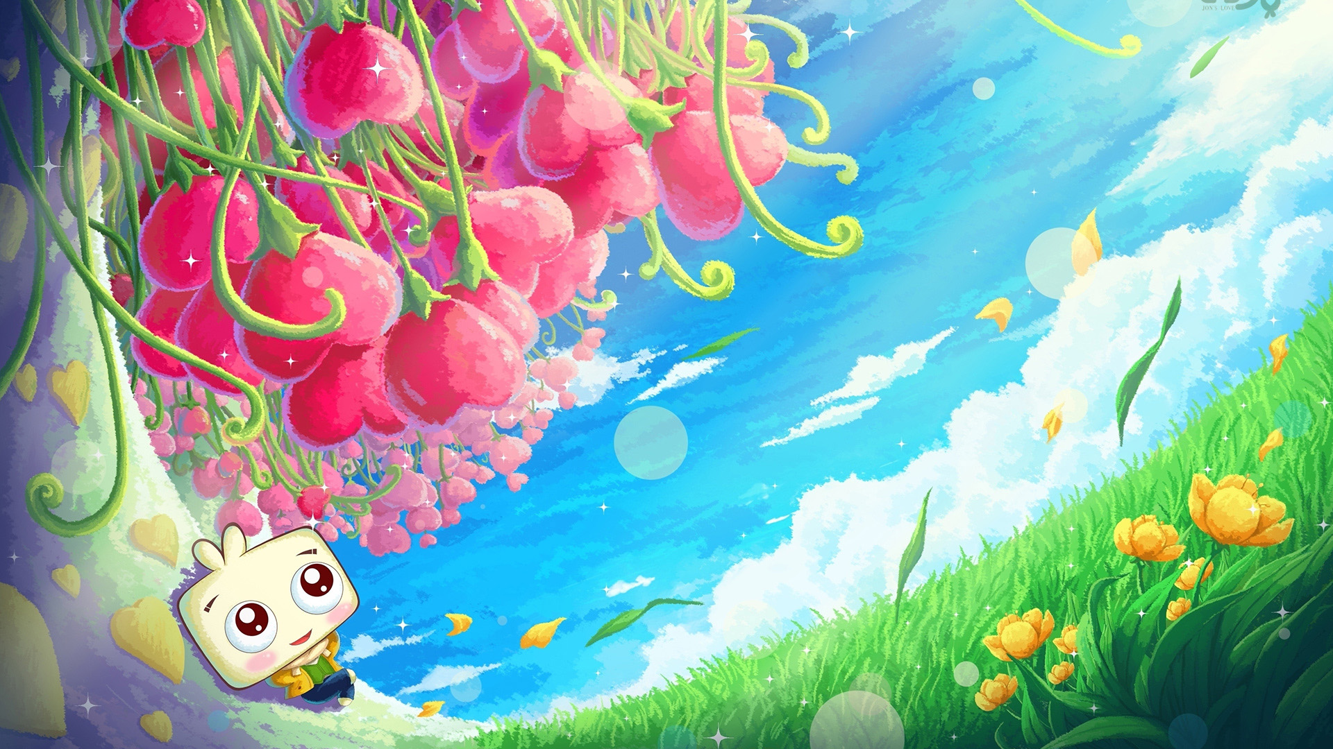 JONJON囧囧，可爱蓝天白云花卉绿植春天桌面壁纸，免费电脑壁纸下载