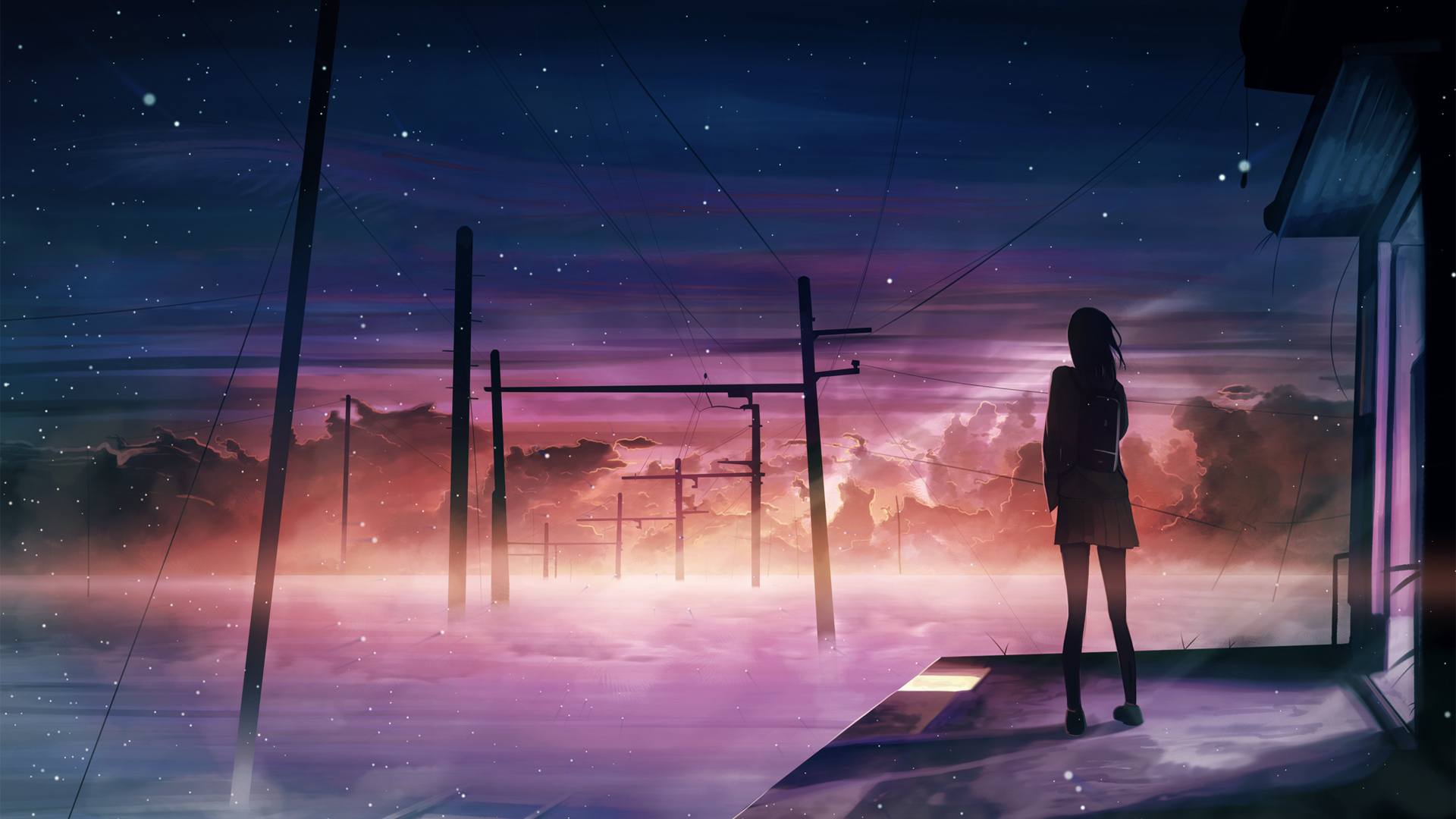 晚上星空与夕阳女子，异世界唯美动漫壁纸，免费电脑壁纸下载