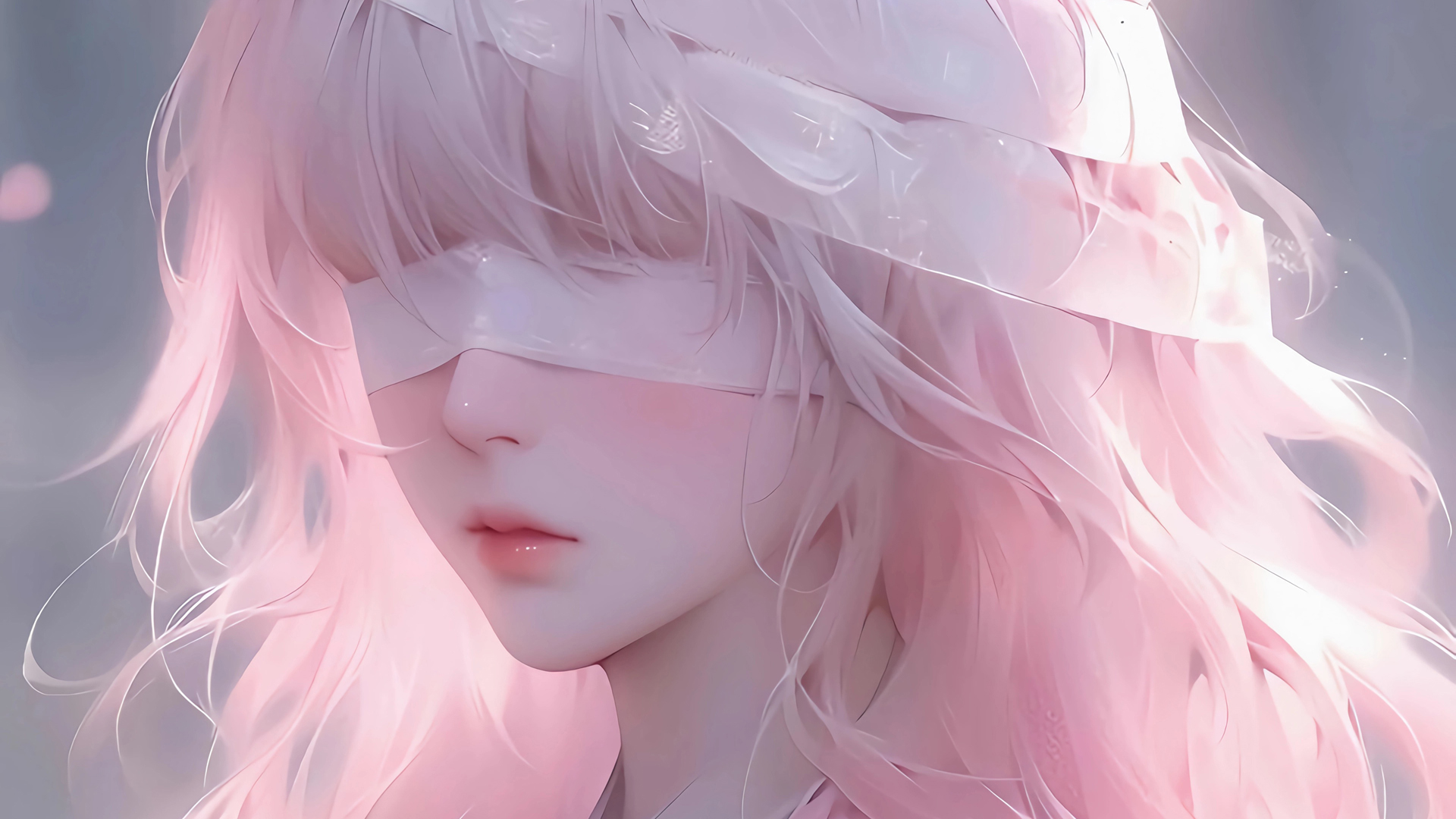 粉色长发蒙眼少女动漫壁纸，免费高清电脑桌面背景下载