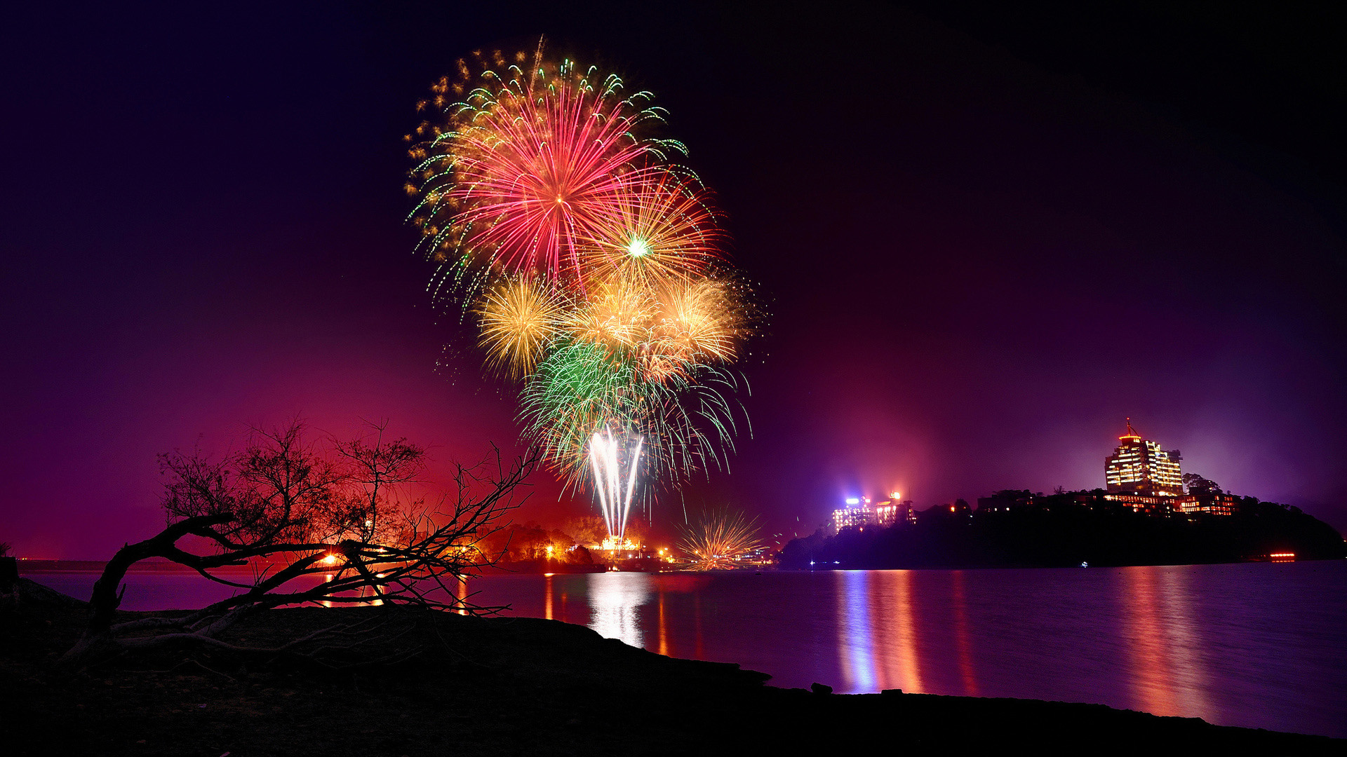 夜晚灯火璀璨，湖畔烟火绚烂，城市美景壁纸免费下载