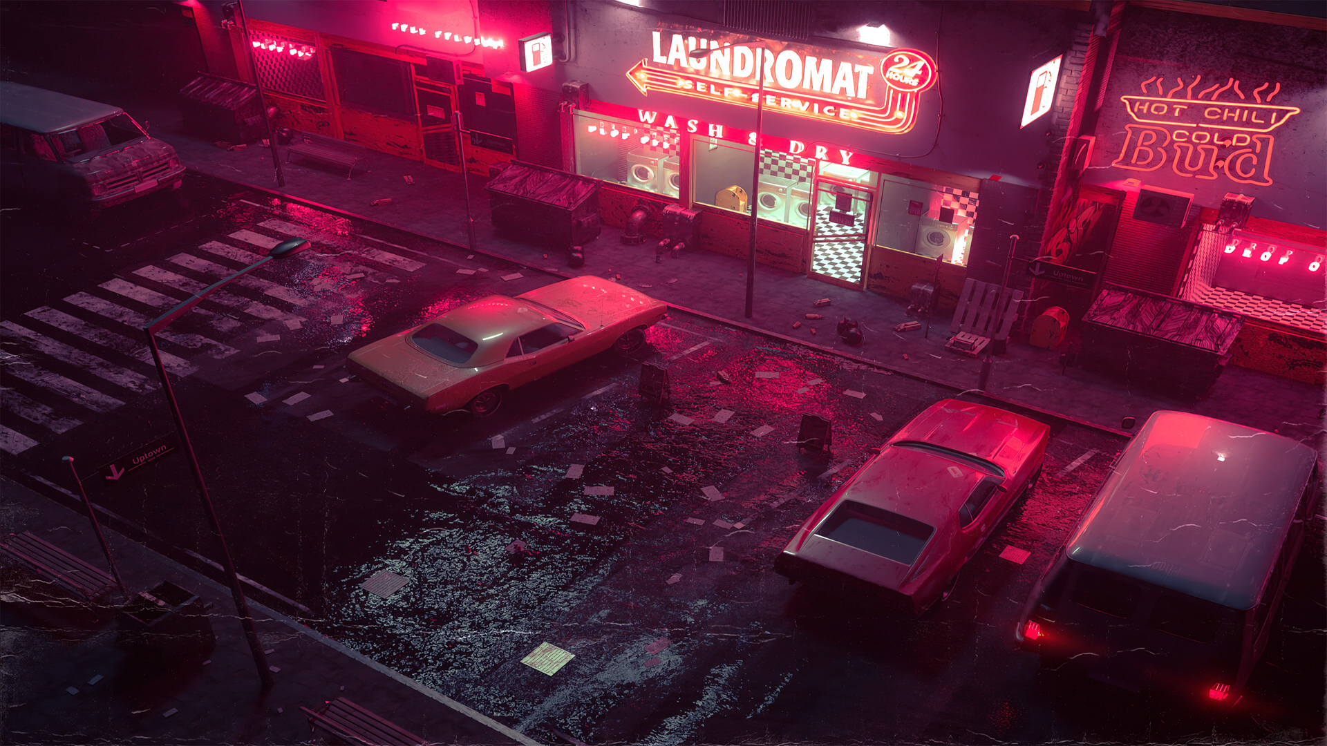 夜晚霓虹，赛博朋克风格商店街景，免费高清电脑壁纸下载