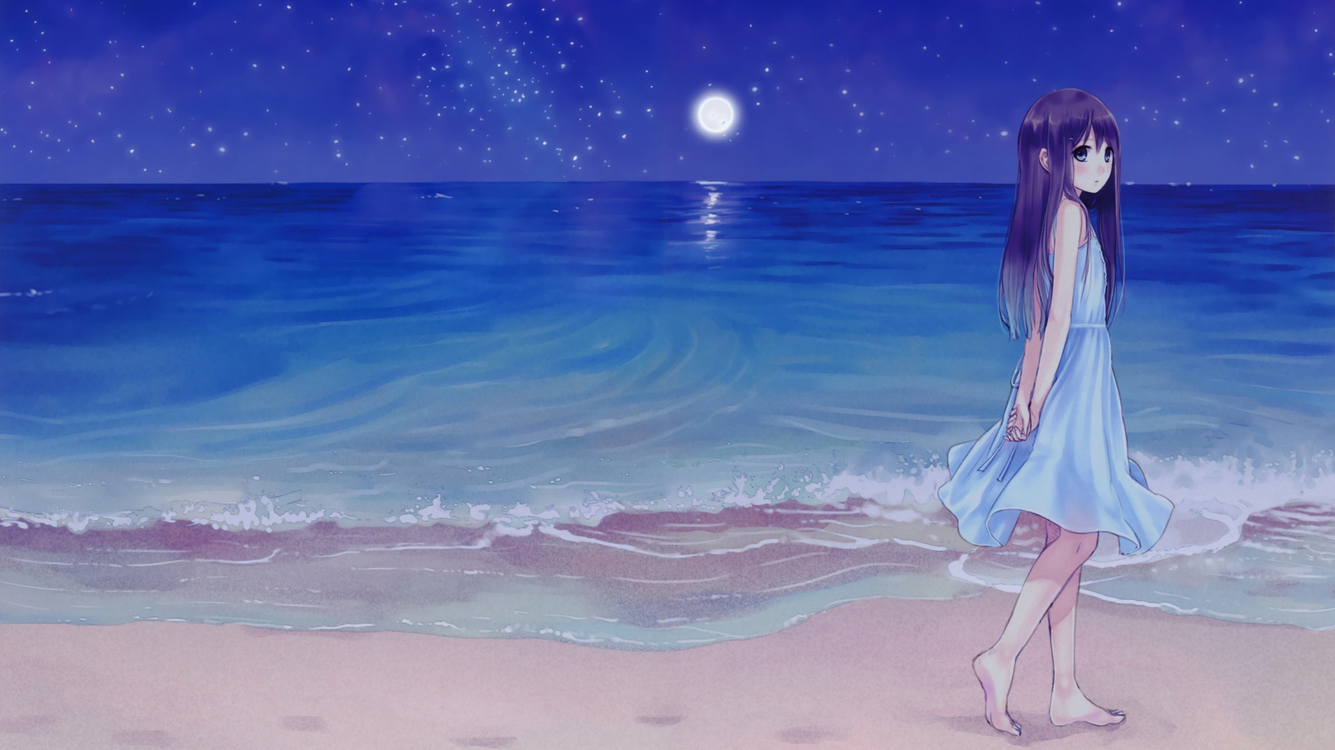 海滩萌少女动漫壁纸，免费高清桌面背景下载