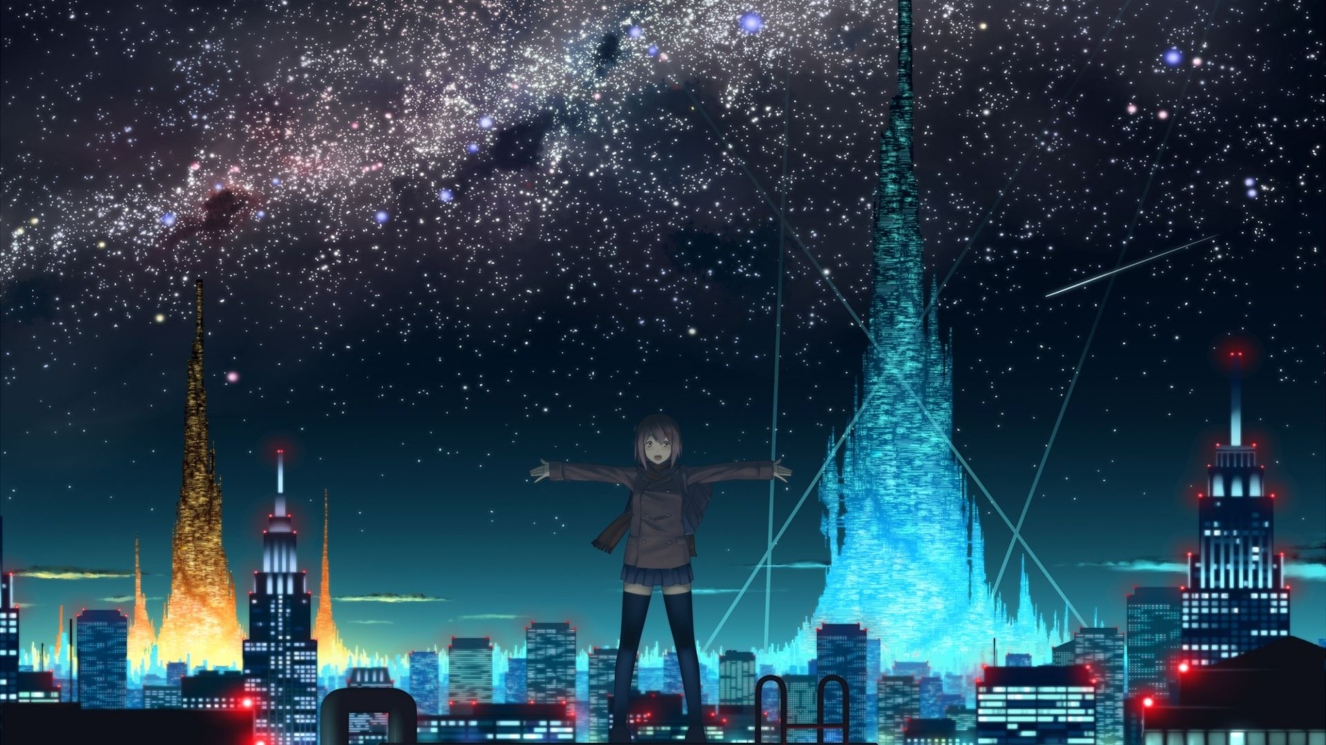 城市夜景，屋顶少女拥抱星空，动漫风格桌面壁纸免费下载