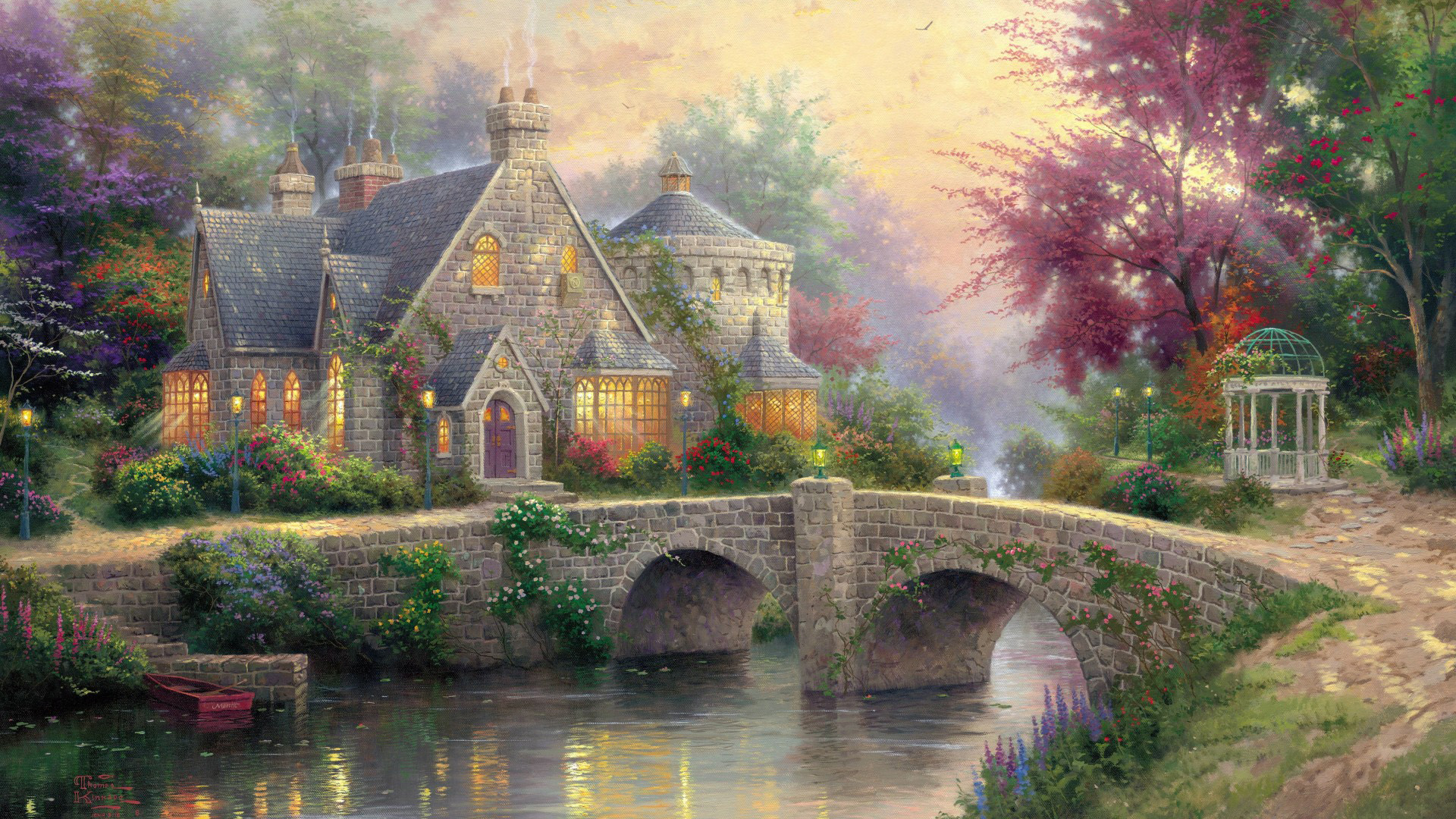 托马斯绘画精选，灯光庄园与桥梁绝美风景，免费高清电脑壁纸下载