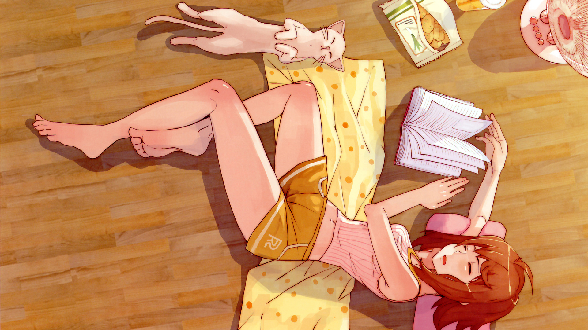 女孩与猫共眠，地板散落书籍，可爱动漫壁纸免费下载