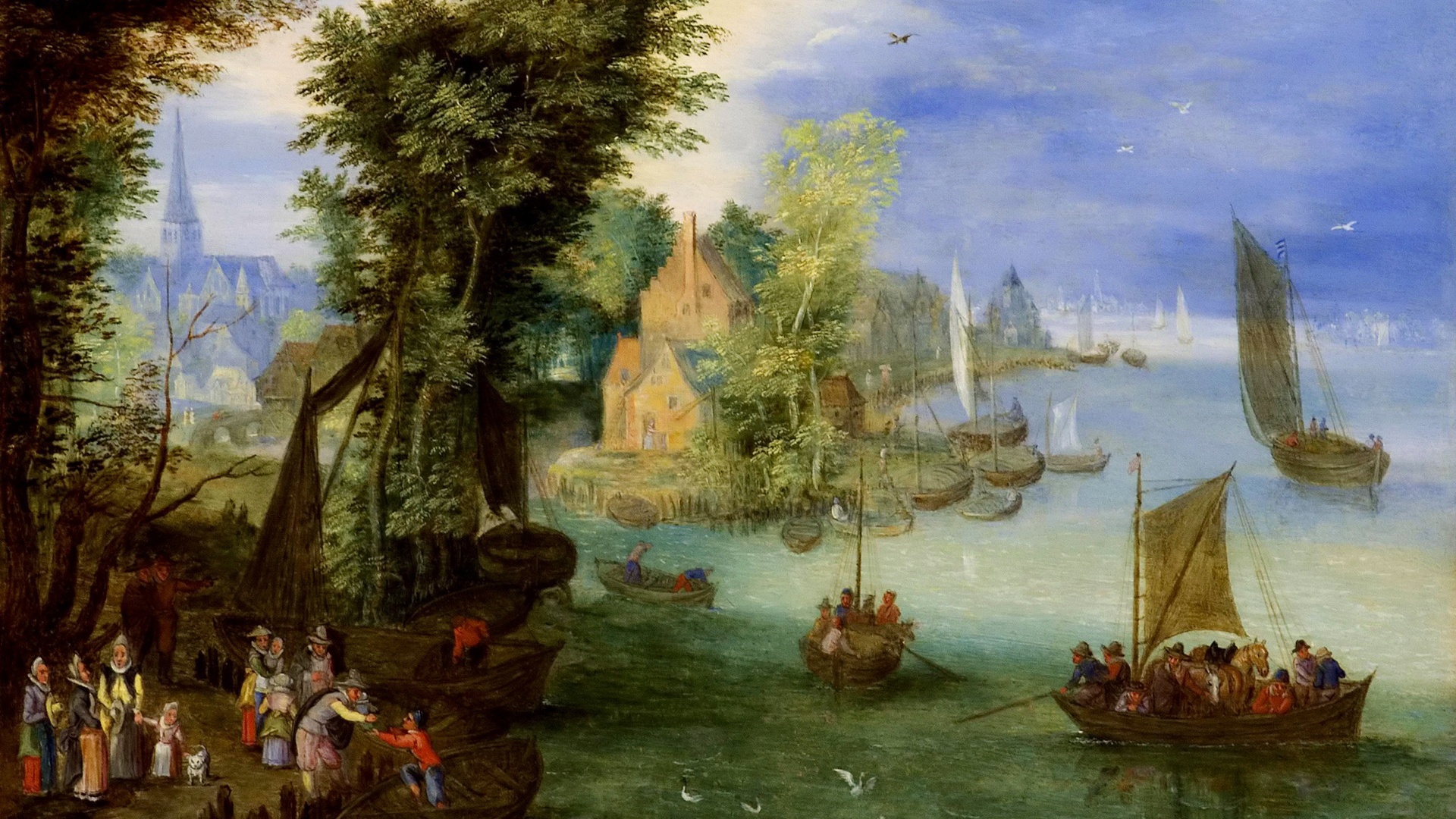 杨帆船河流美景，勃鲁盖尔经典绘画桌面壁纸，唯美免费下载