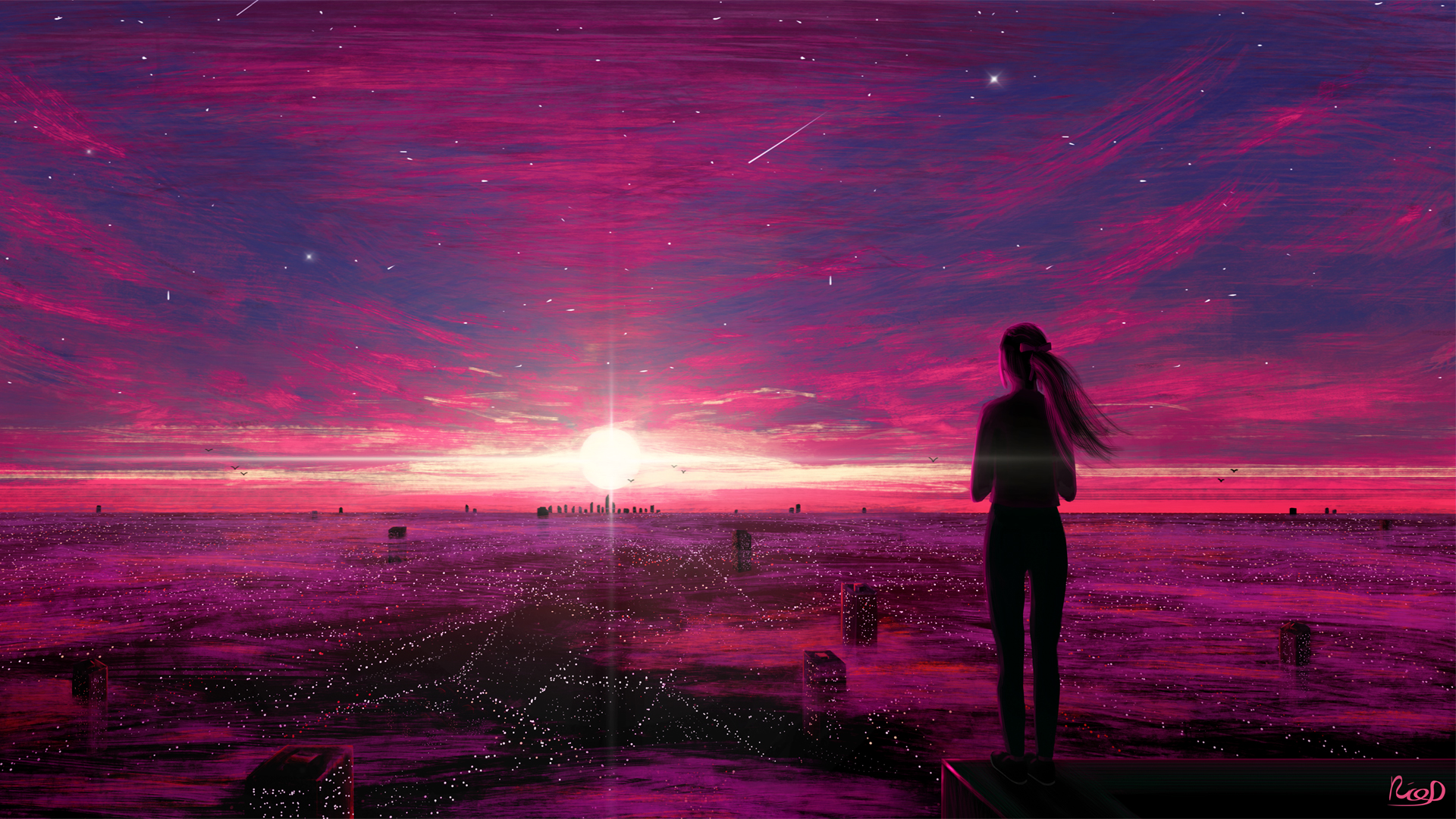 少女背影映夕阳，城市闪烁动漫之美——免费下载唯美意境壁纸