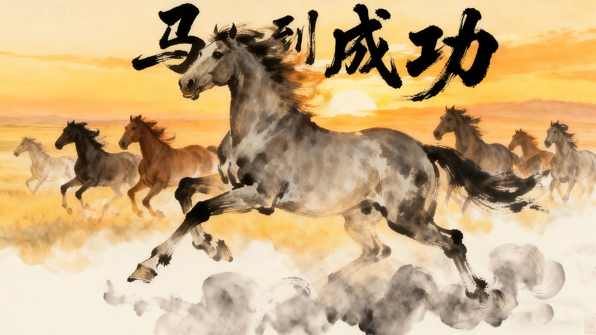 2026年水墨风骏马奔腾图 节日免费电脑桌面壁纸下载