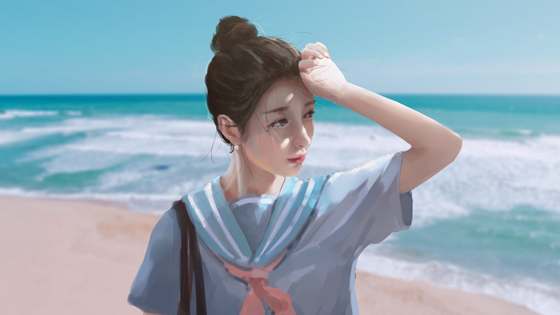 海边女生动漫风景壁纸，免费下载高清电脑壁纸