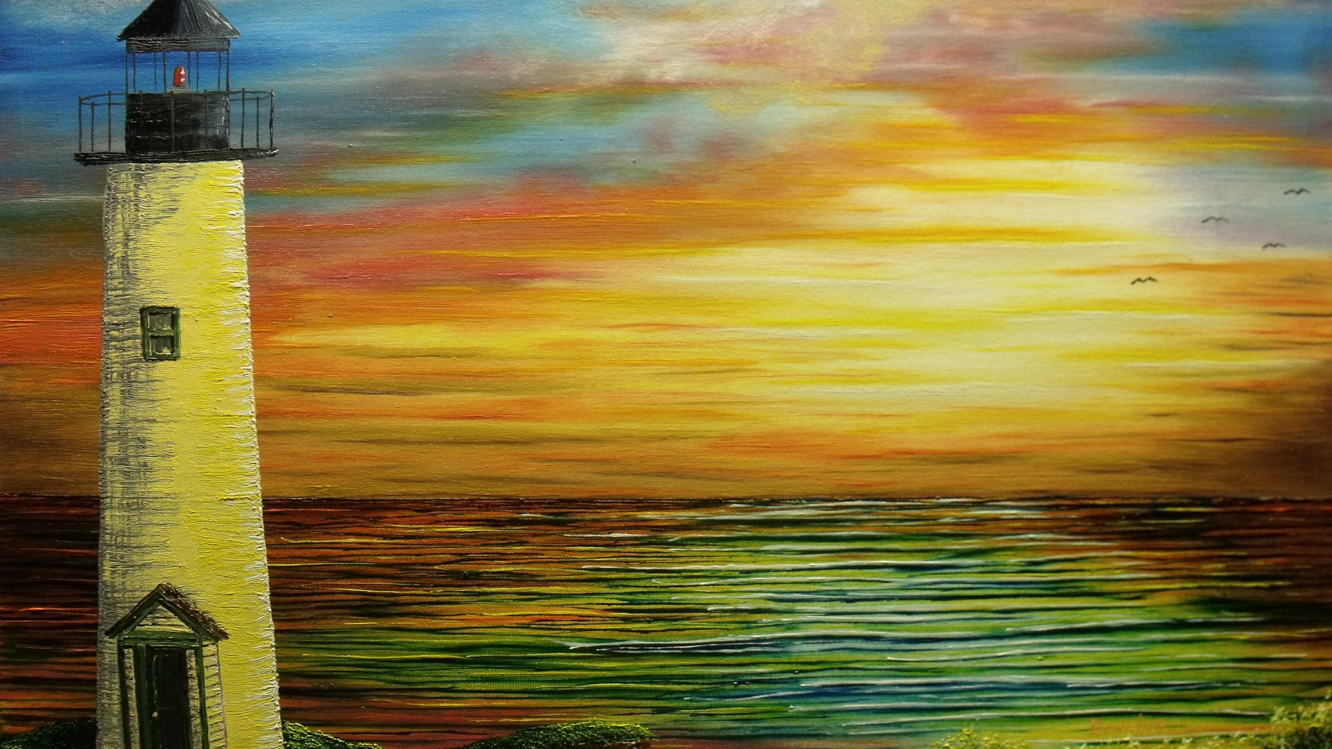 唯美海景油画，灯塔照耀，水波荡漾，免费壁纸下载