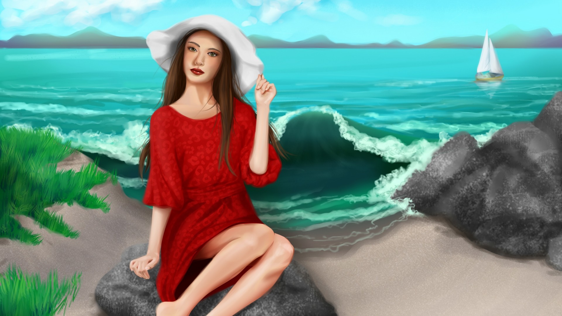 唯美女孩海边壁纸，红色裙子、精致帽子，小船轻摇，大海浪漫，精美绘画风格，免费下载电脑壁纸