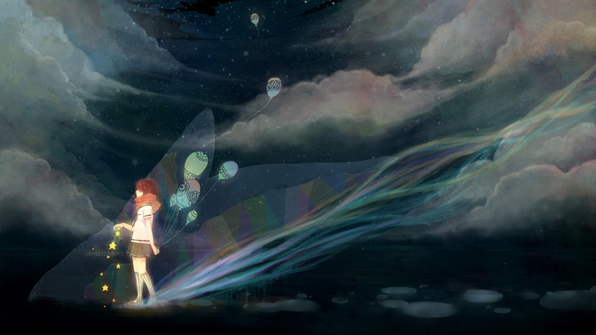 女孩围巾夜晚星辰梦境唯美壁纸，免费下载电脑高清图片