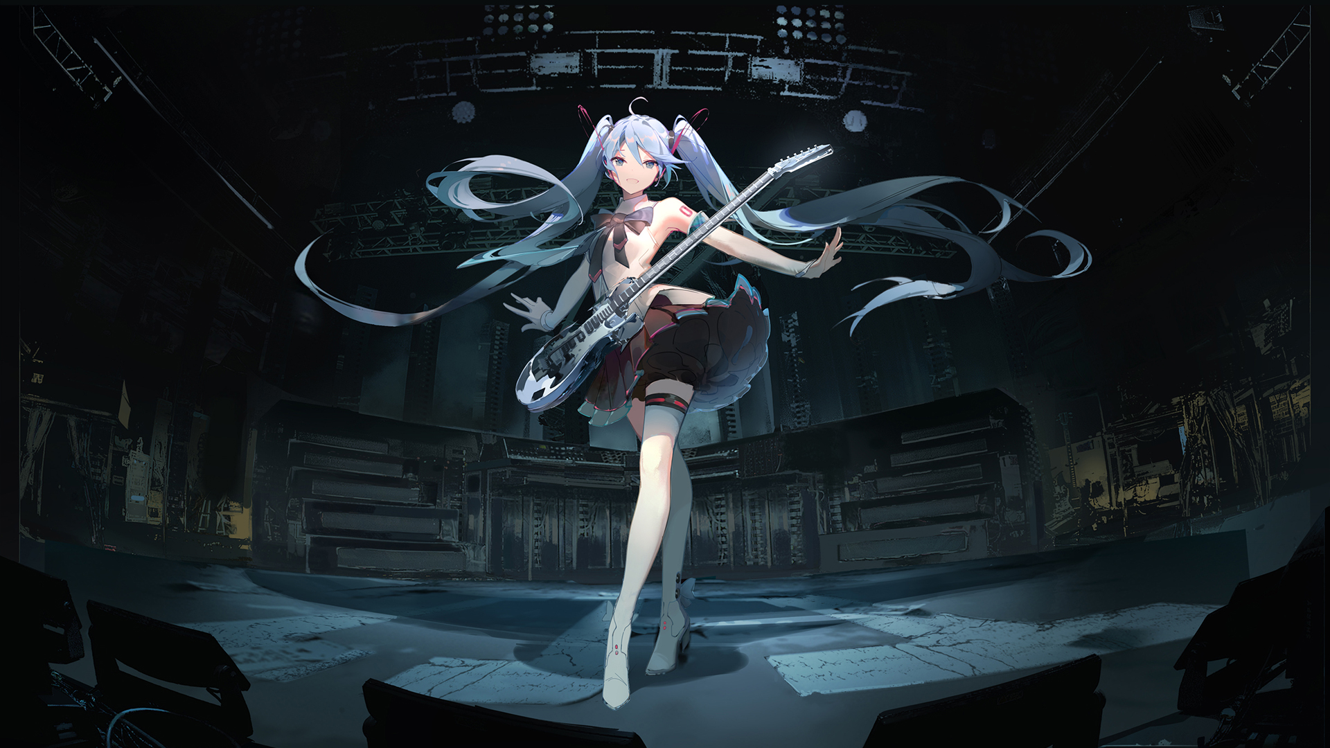 Miku初音未来动漫壁纸，长发飘逸，花朵裙摆，长腿迷人，弹吉它风采，免费下载电脑壁纸