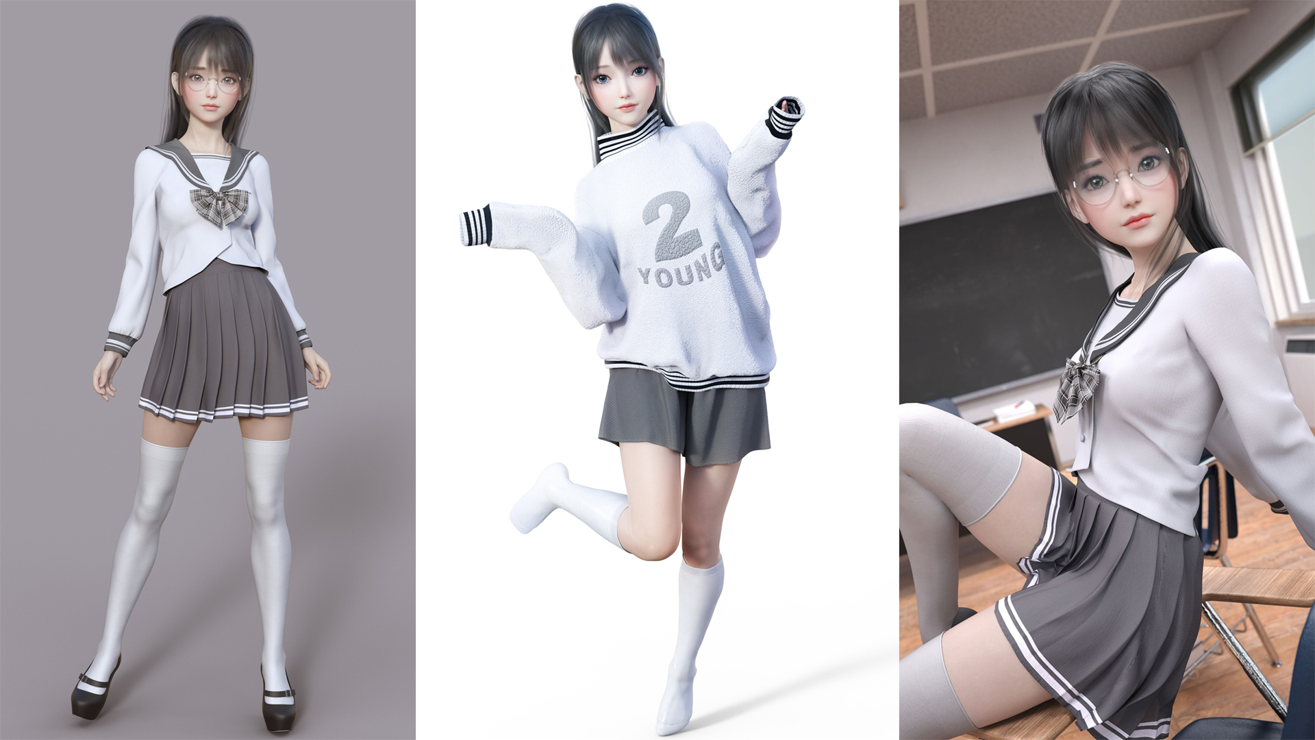 jk制服3D美少女动漫拼图壁纸，高清电脑桌面背景免费下载