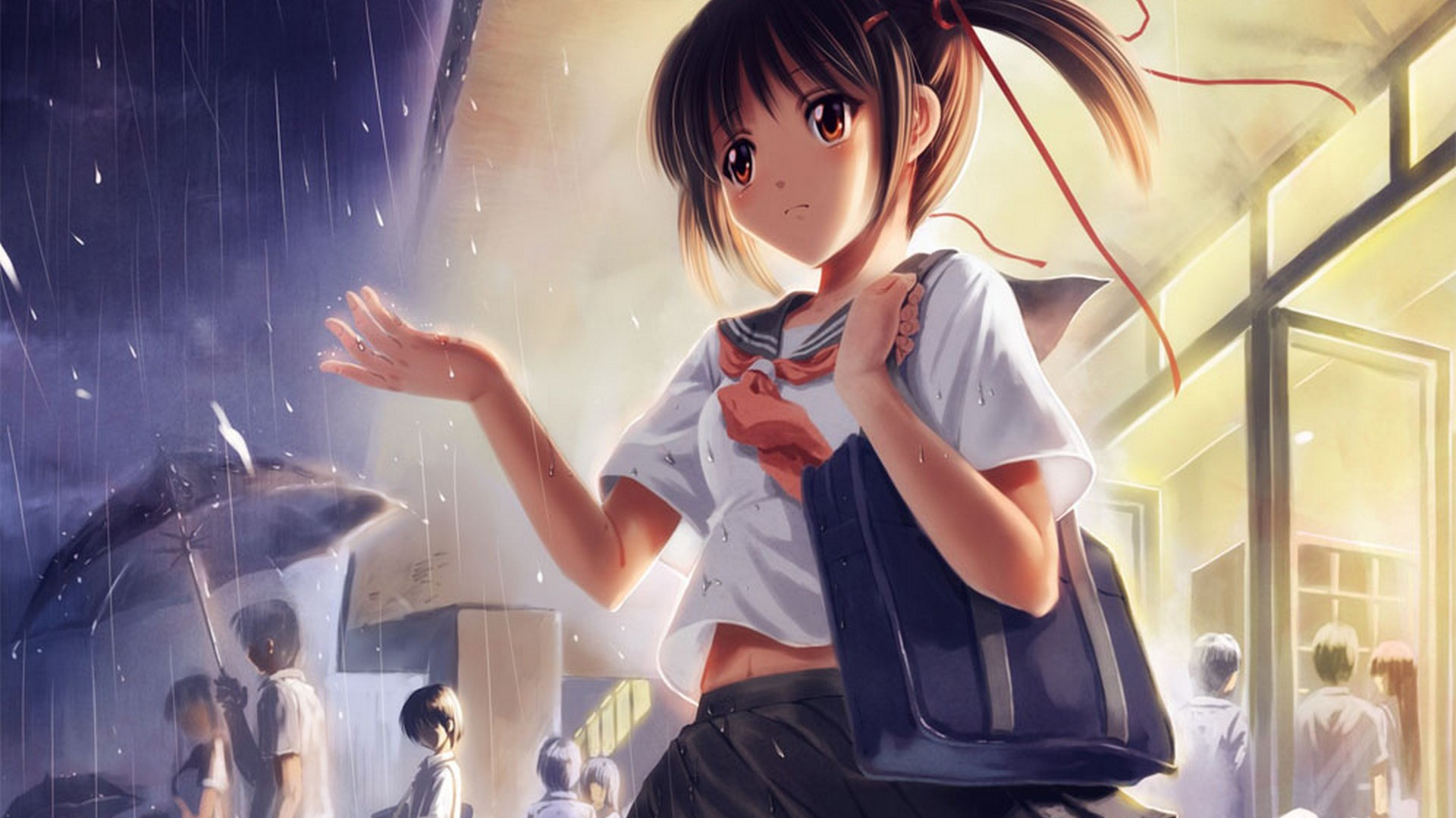 雨天放学，女生校服红领巾书包可爱辫子动漫壁纸免费下载