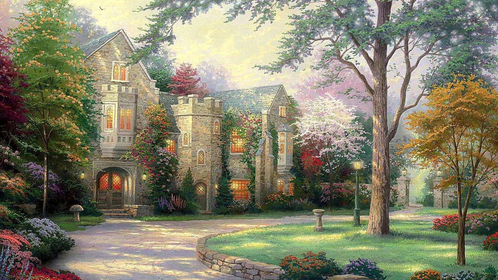 Thomas Kinkade精美森林别墅风景画，免费高清桌面壁纸下载