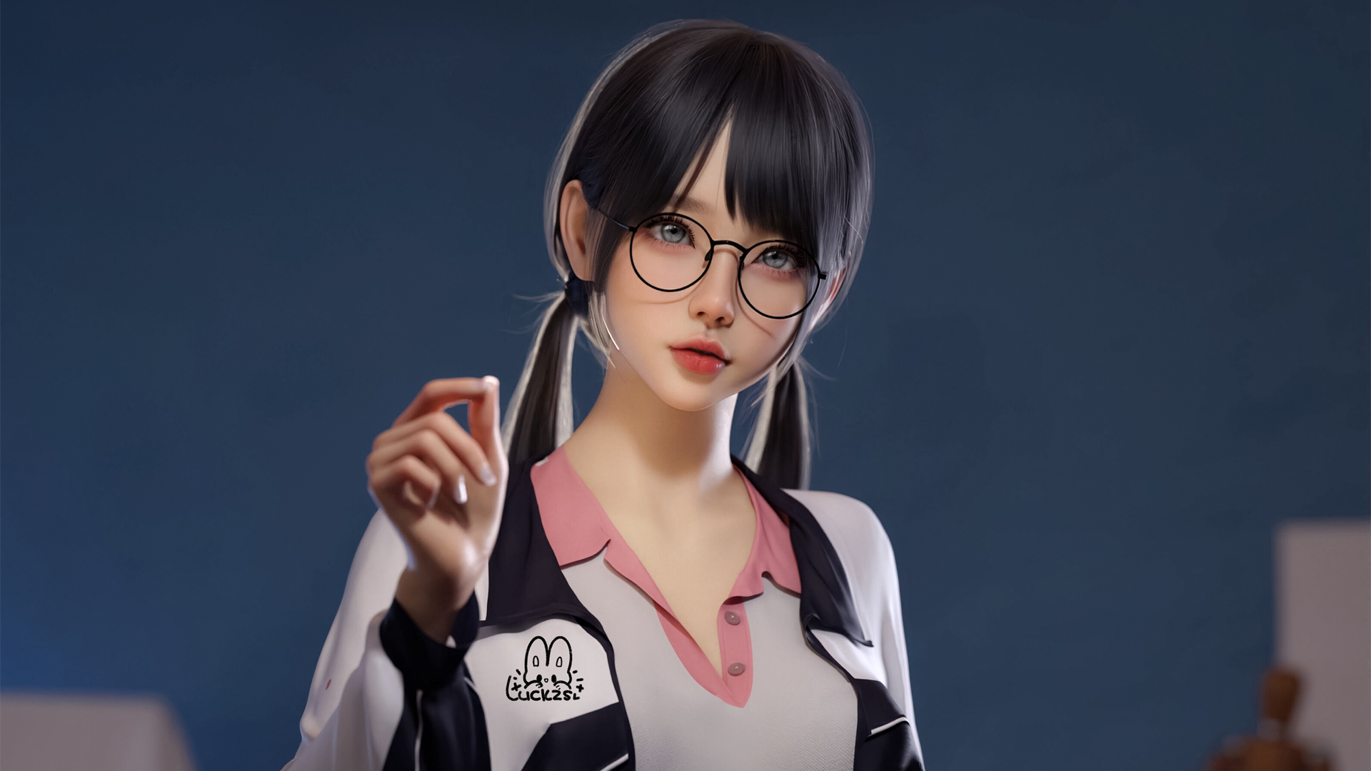 麻匪风格动漫美女壁纸，双马尾辫女学生，戴眼镜穿校服，高清电脑桌面壁纸免费下载
