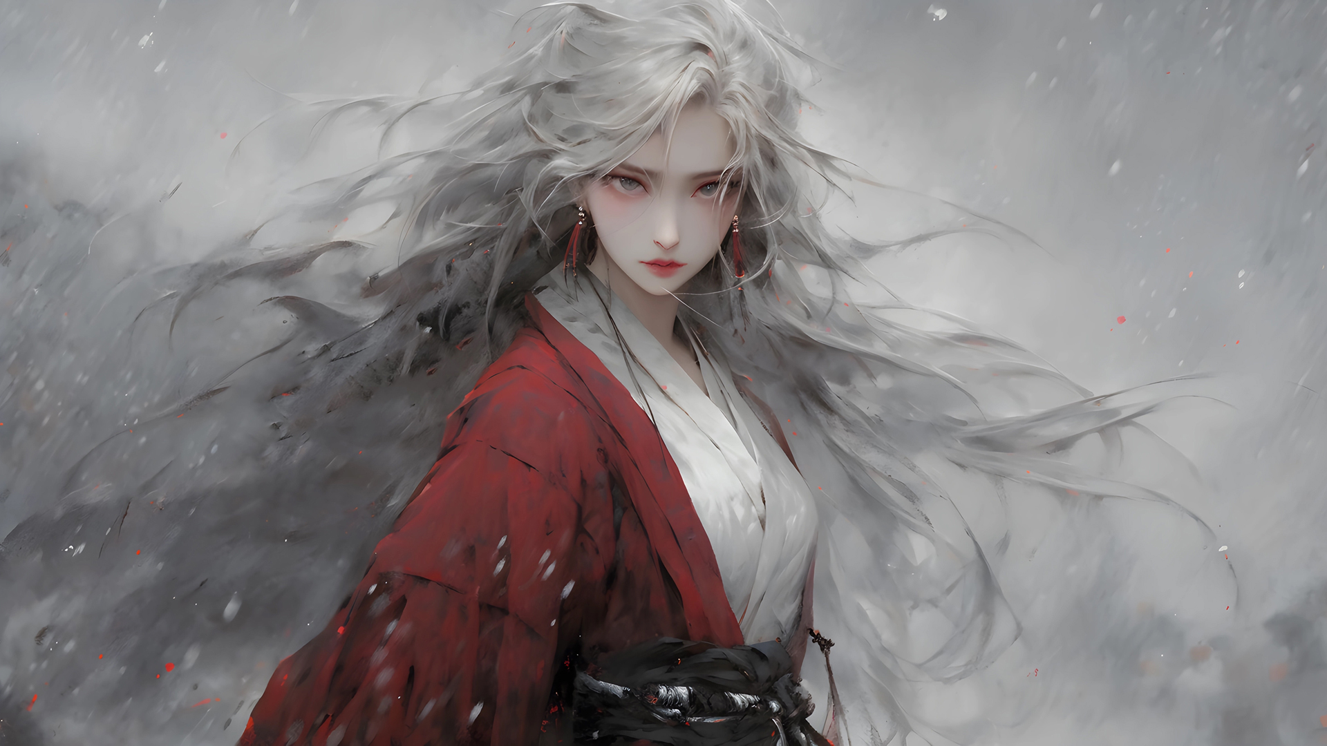 红衣古风长发少女动漫壁纸，免费电脑壁纸下载