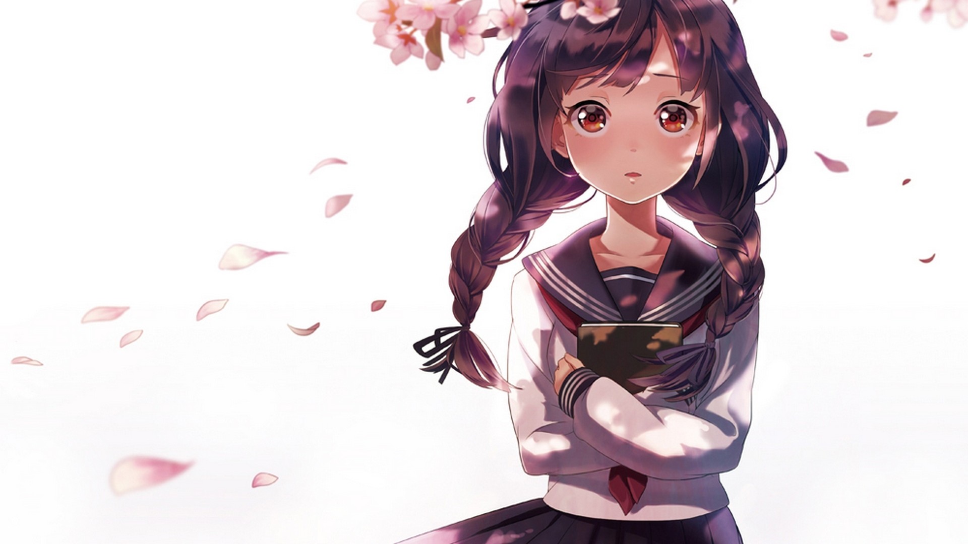 日本动漫女孩壁纸，樱花下的校服少女，小辫子书本相伴，免费下载！