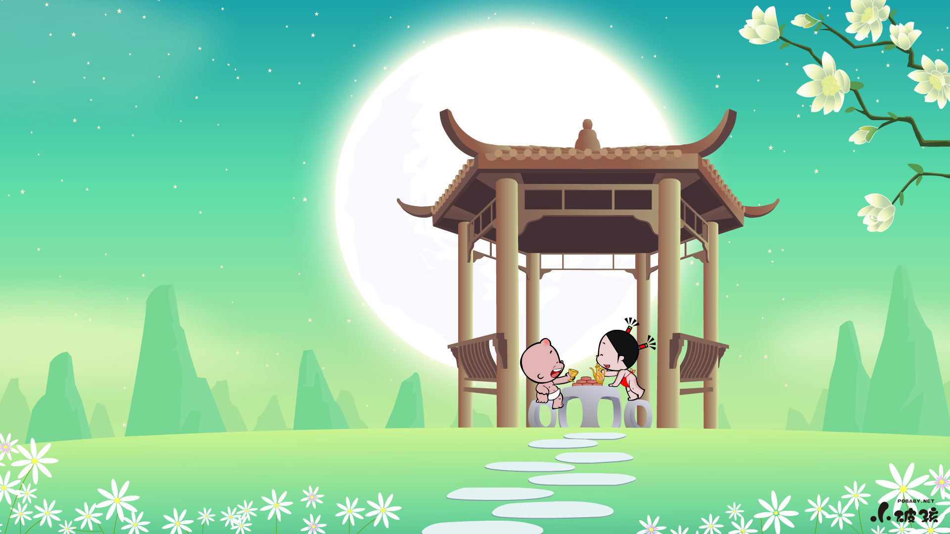 中秋佳节小破孩动漫桌面壁纸，免费高清电脑壁纸下载