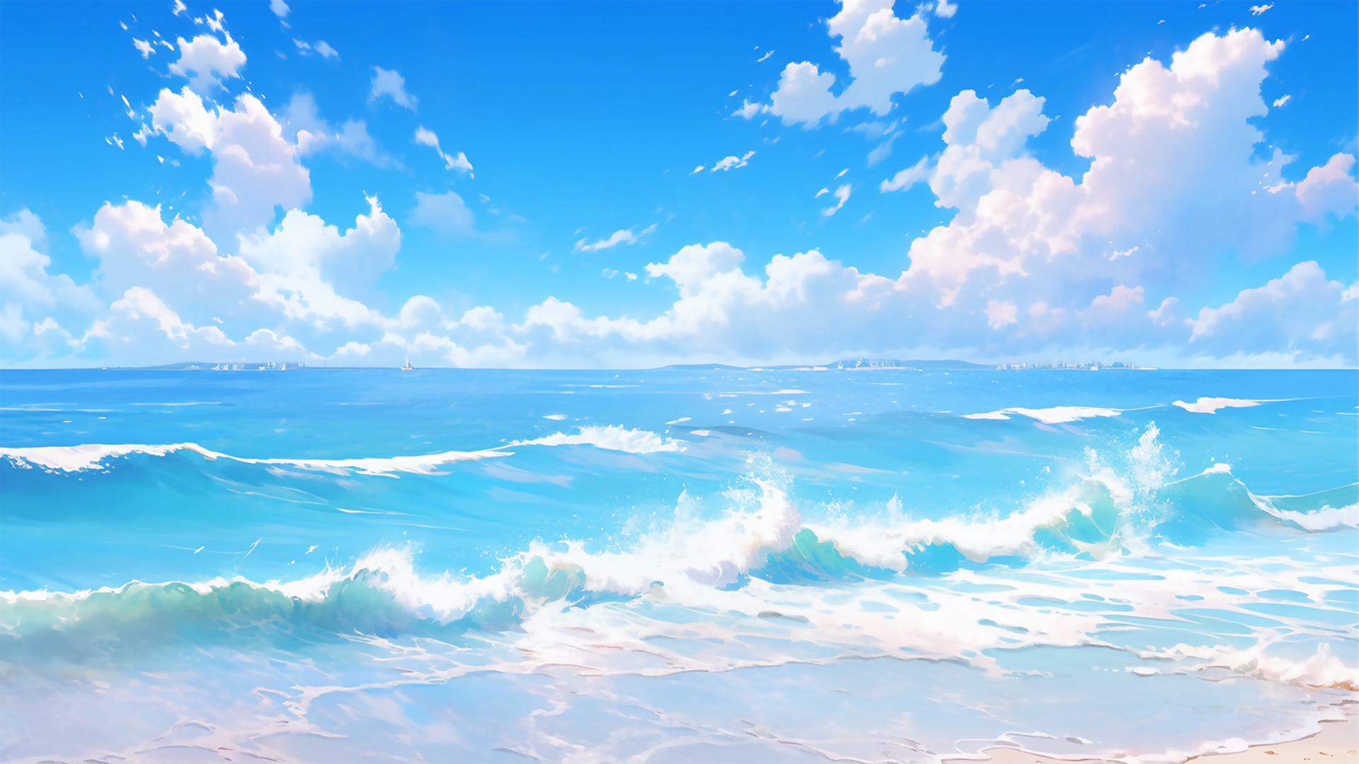 蓝天白云大海美景，水天一色，海滩沙滩风光壁纸，免费电脑壁纸下载