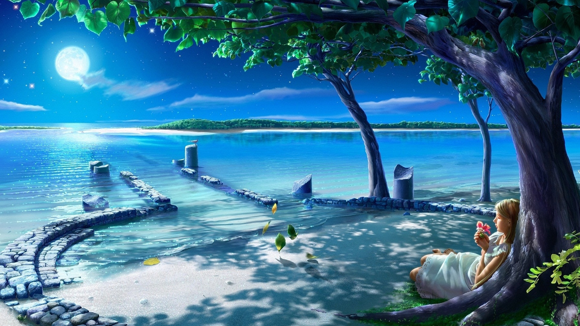 加贺屋之夜，唯美树叶花影，女孩与月映水湖，经典免费电脑壁纸下载