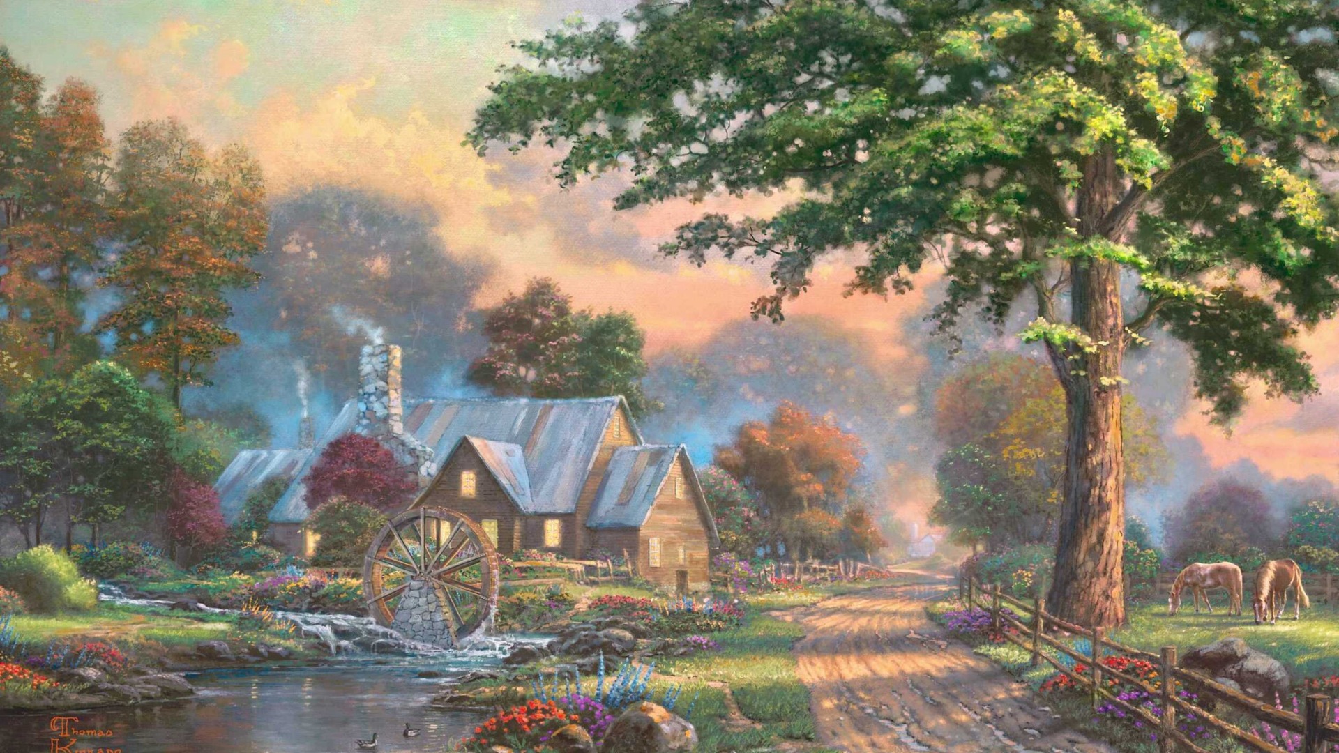 油画树美景赏析，精选风景油画作品，领略托马斯·金凯德宁静之作，免费下载精美电脑壁纸