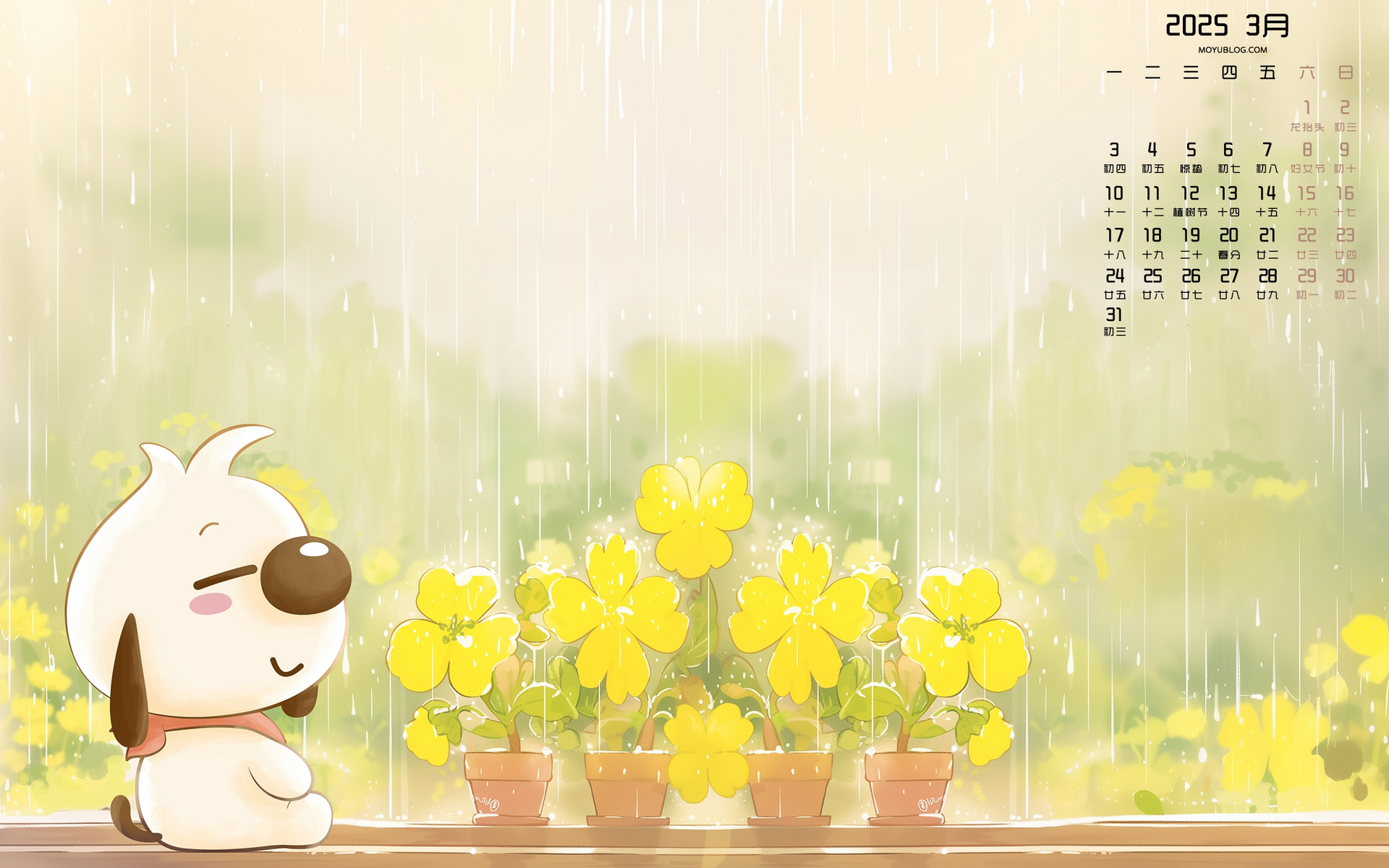 辛巴狗雨天主题2025年3月电脑桌面日历壁纸免费下载