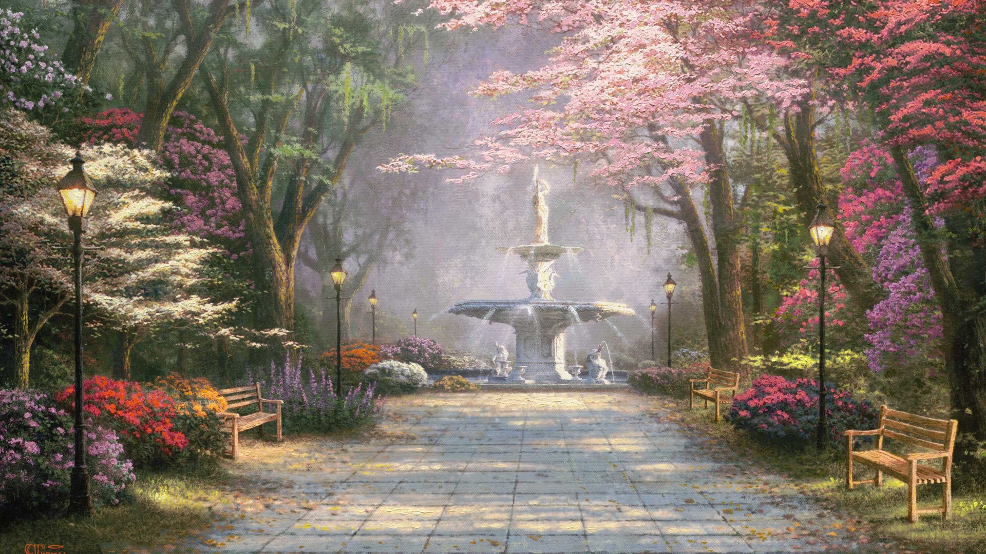 森林花园浪漫之景，喷泉映椅，路灯点缀，托马斯·金凯德笔下世外桃源，精美风景画壁纸免费下载