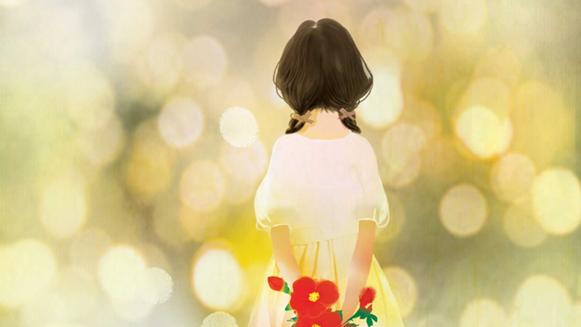 小清新唯美手绘女孩壁纸，女孩背影与鲜花相伴，免费电脑壁纸下载