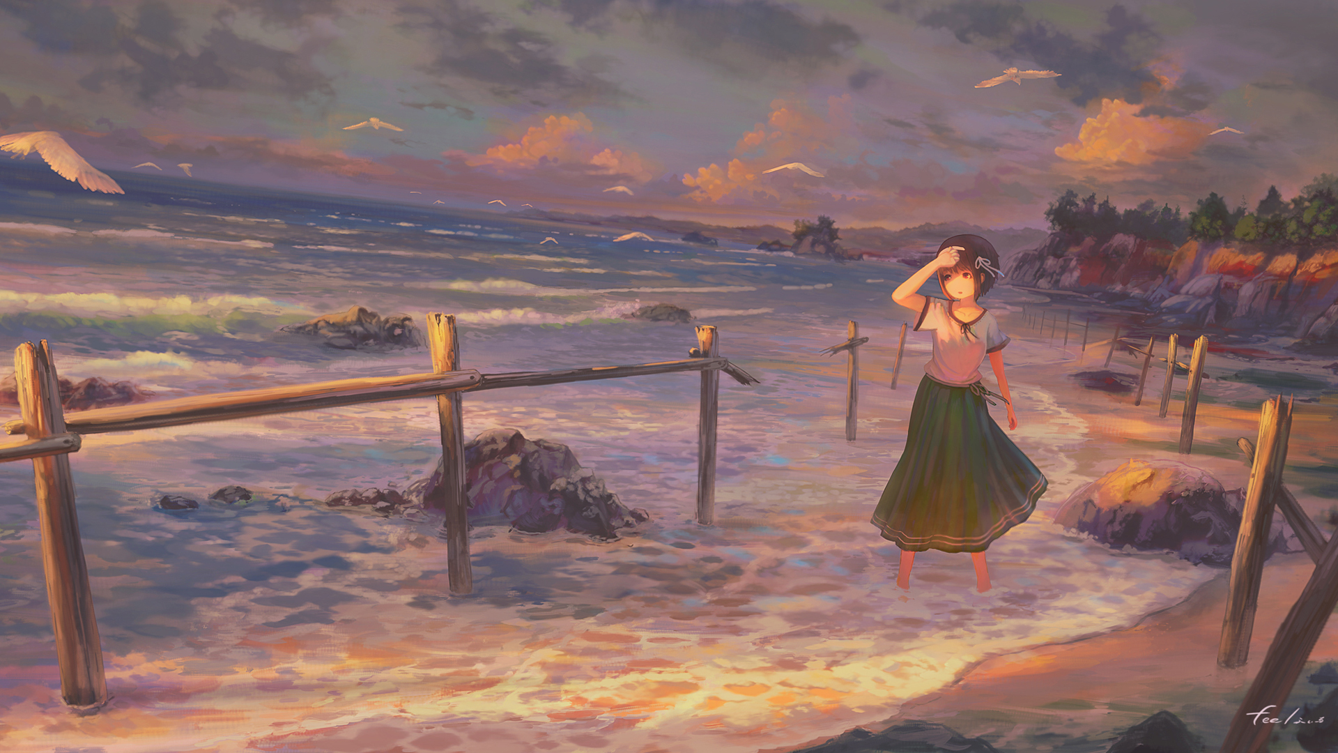 动漫女孩海岸夕照风景壁纸，免费电脑壁纸高清下载