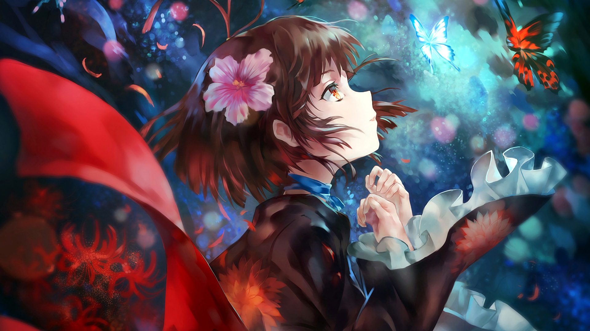 唯美梦幻星空，女生与彼岸花共舞，蝴蝶轻绕花瓣的动漫壁纸，免费下载！