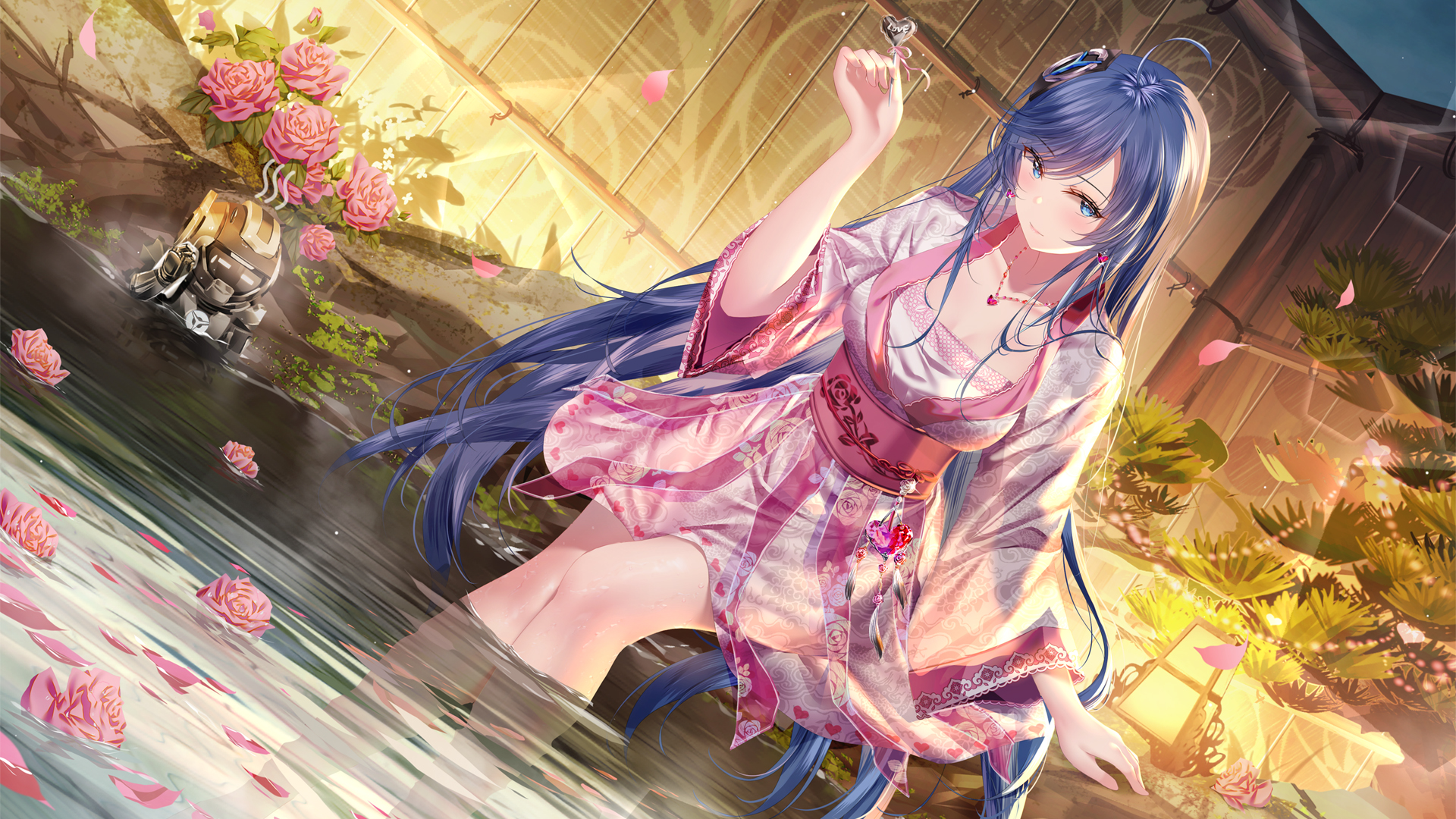 动漫美女室内浴池壁纸，穿裙子的澡堂花瓣美景，免费电脑壁纸下载