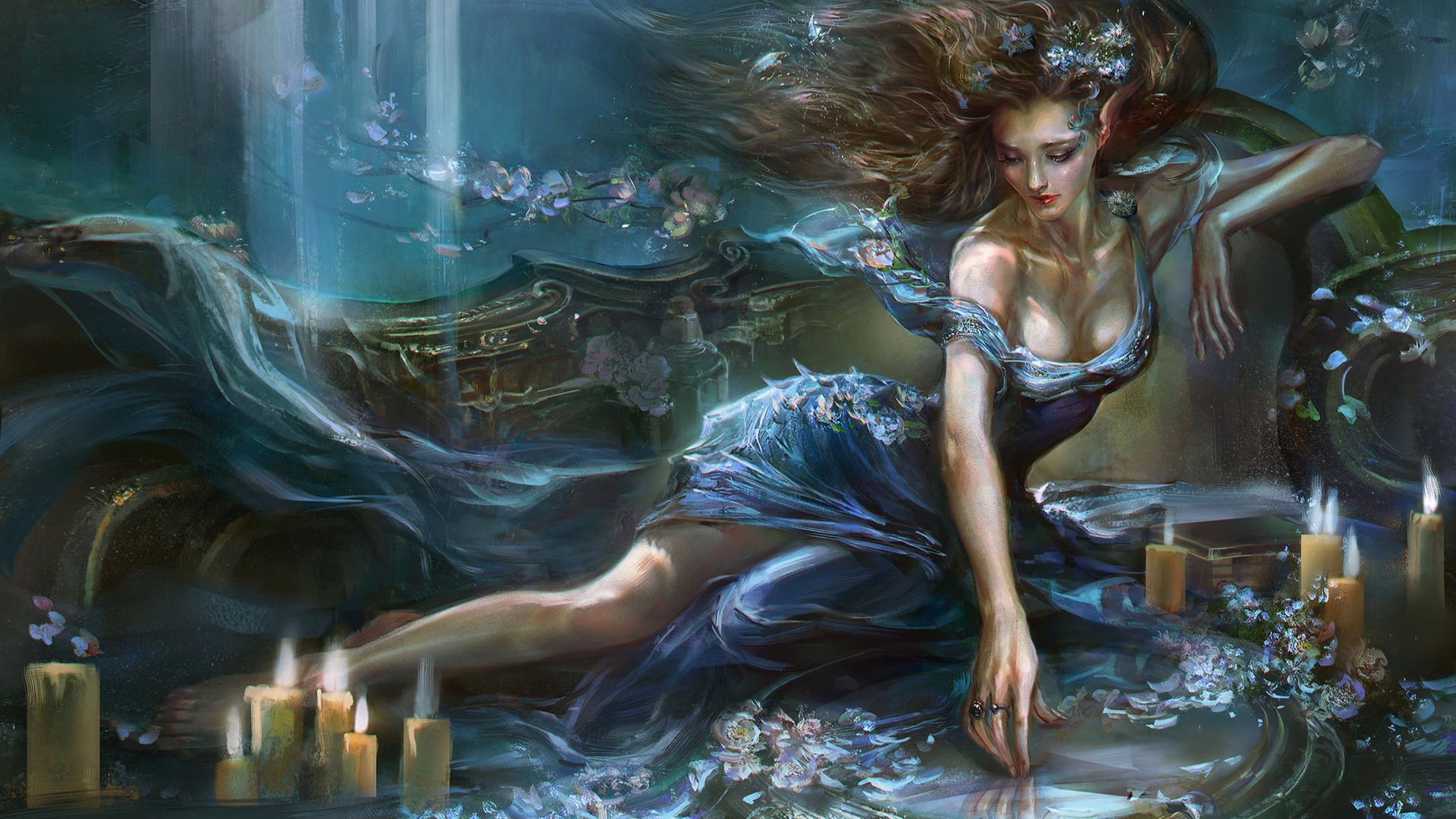 唯美女孩镜子蜡烛绘画壁纸，免费电脑桌面背景下载