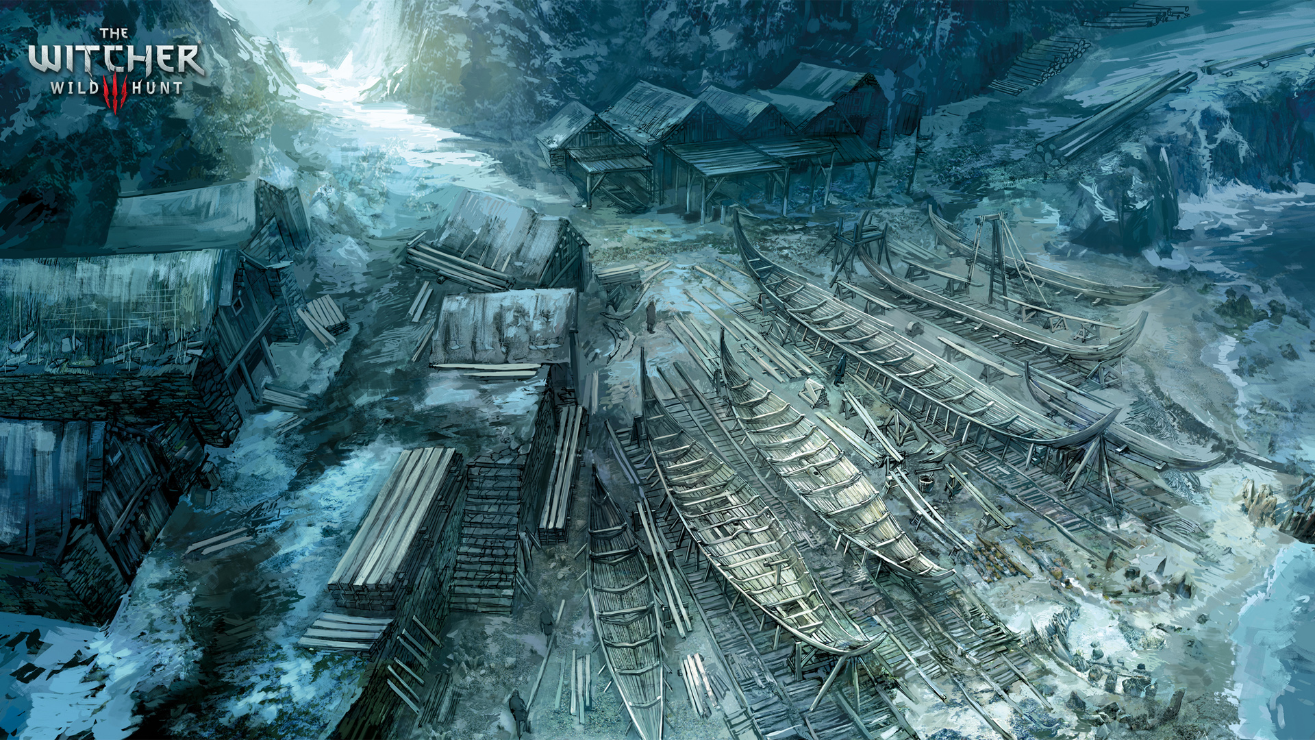 巫师3:狂猎海景壁纸，小船静泊，海岸与房子相映成趣，免费电脑壁纸下载