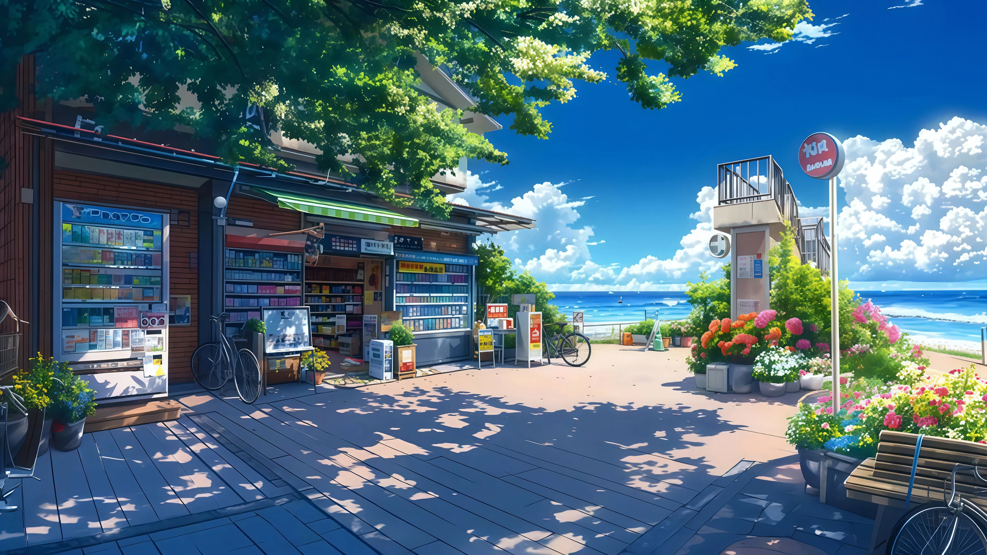海边小店 树荫 鲜花 风景桌面壁纸