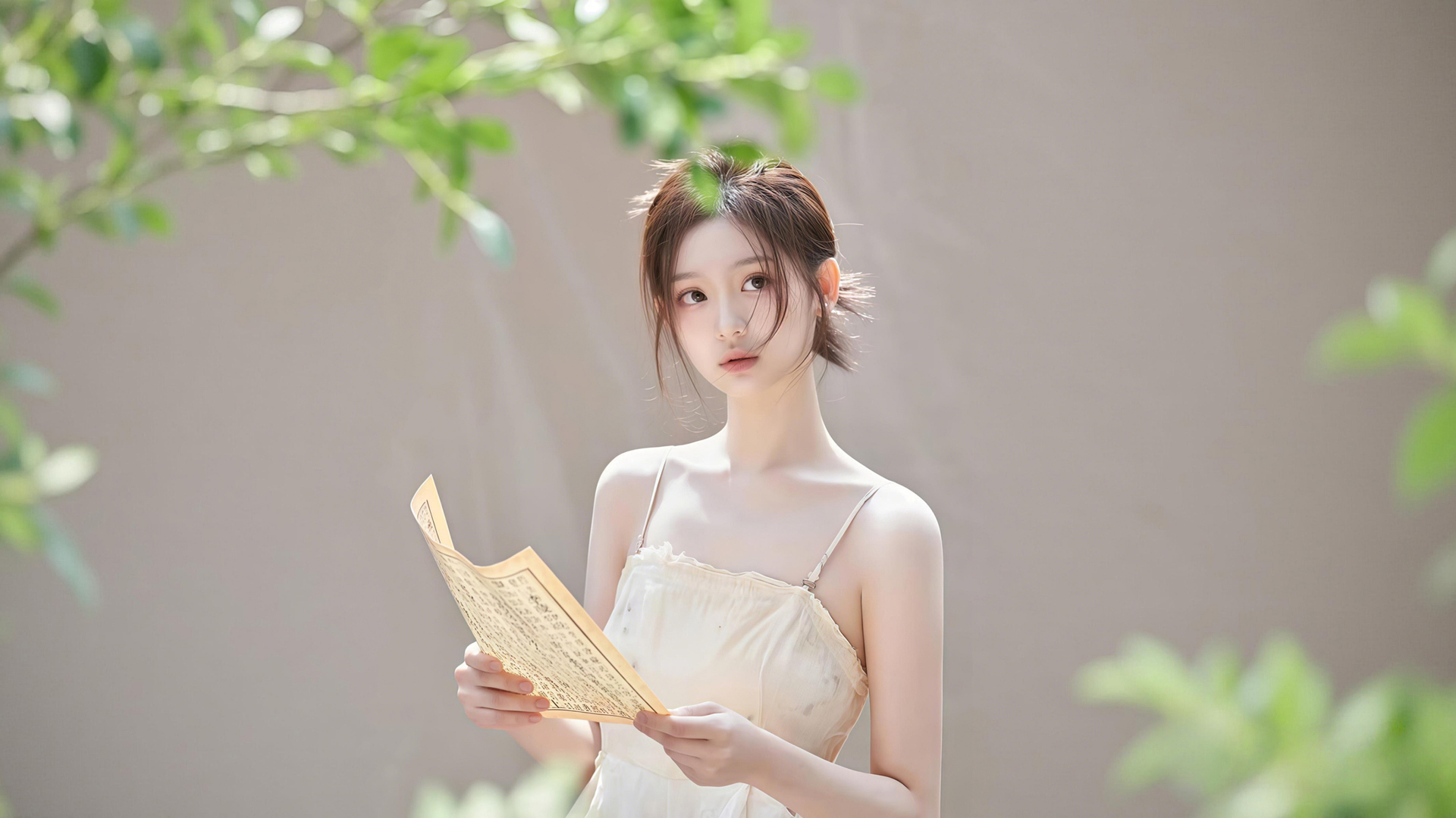 绿植背景下气质清纯美女连衣裙电脑壁纸免费下载