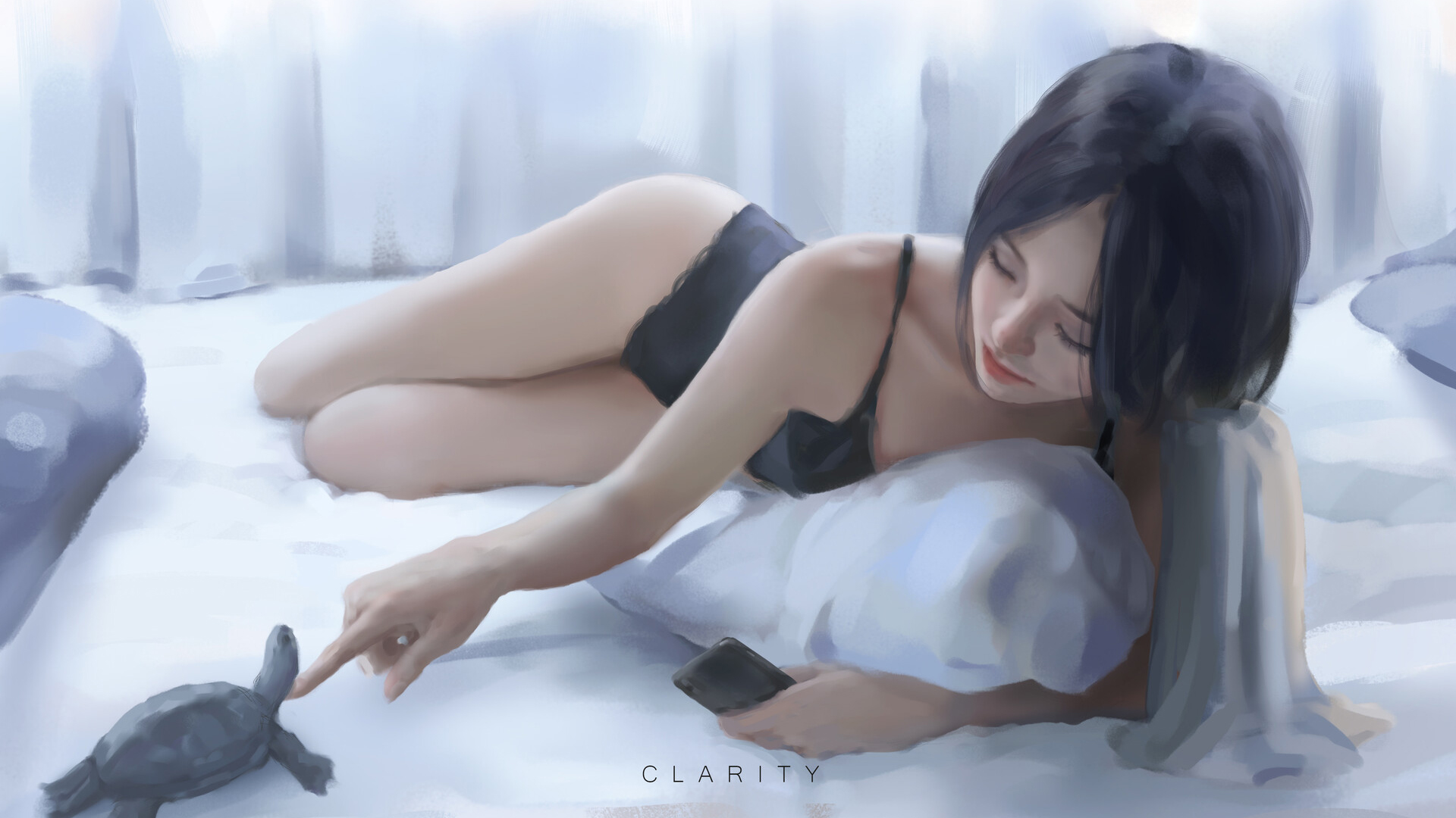 女孩美女 黑色小睡衣 小乌龟 唯美好看动漫壁纸