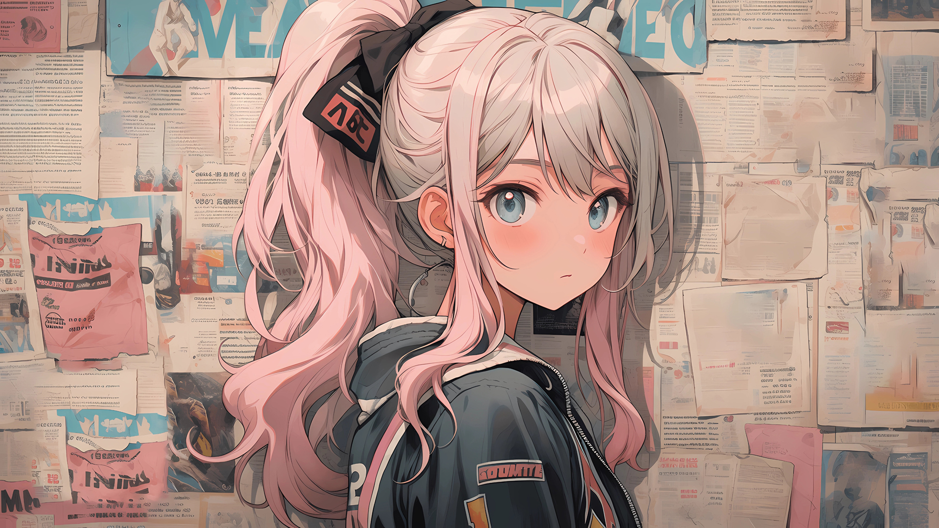 动漫少女粉发马尾辫壁纸，可爱报纸墙风格，免费电脑壁纸下载