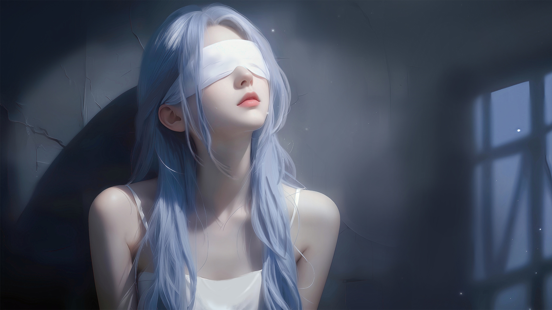蓝发蒙眼白衣服美女动漫桌面壁纸免费下载