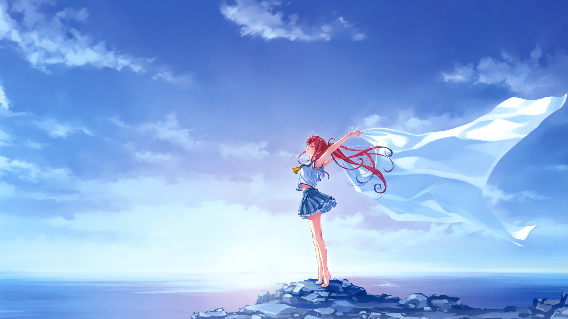 深蓝天海纯净画布，可爱女孩动漫桌面壁纸免费下载