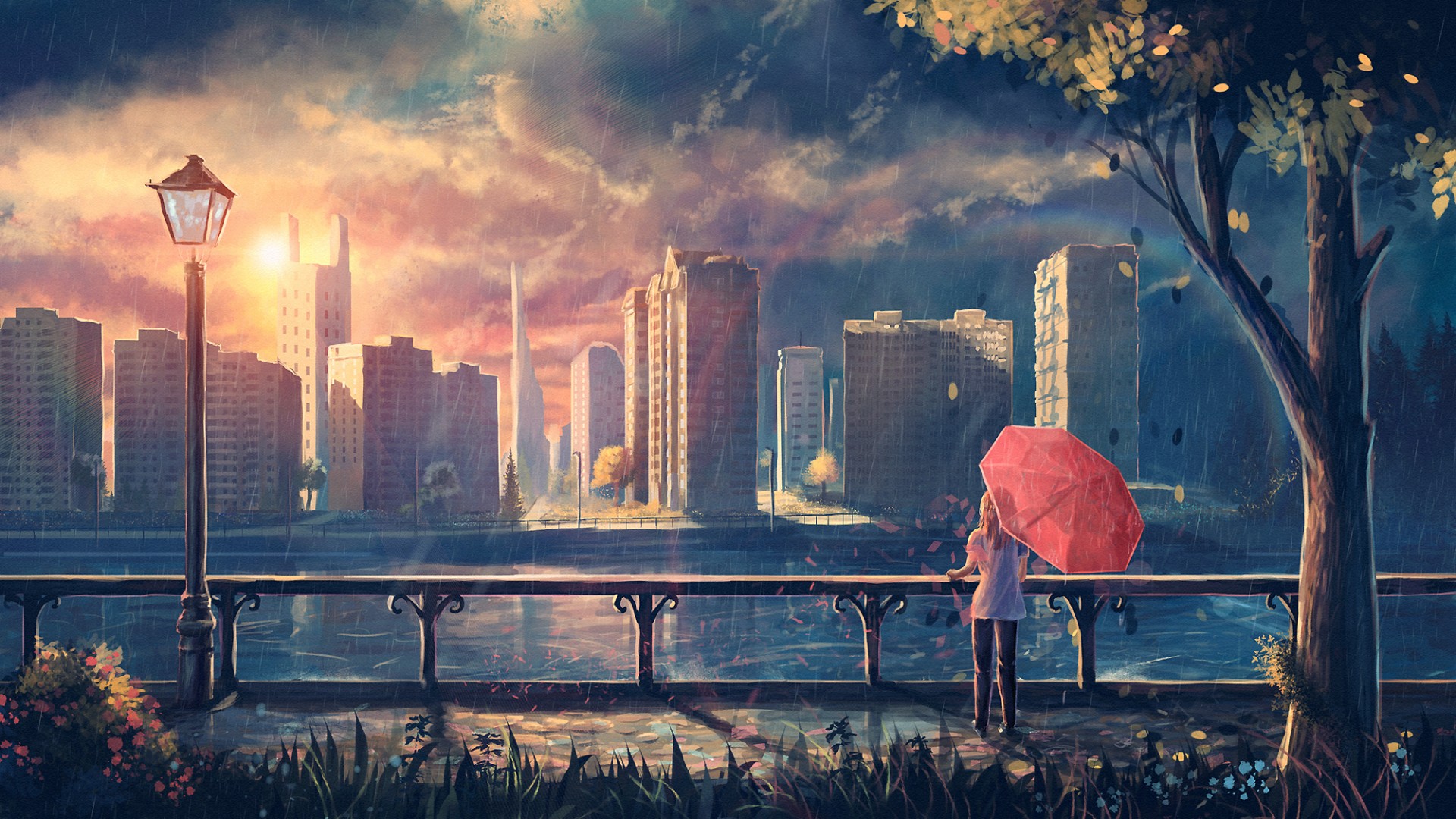 城市风情，女孩心情，雨中河边唯美画卷，免费下载精美绘画桌面壁纸