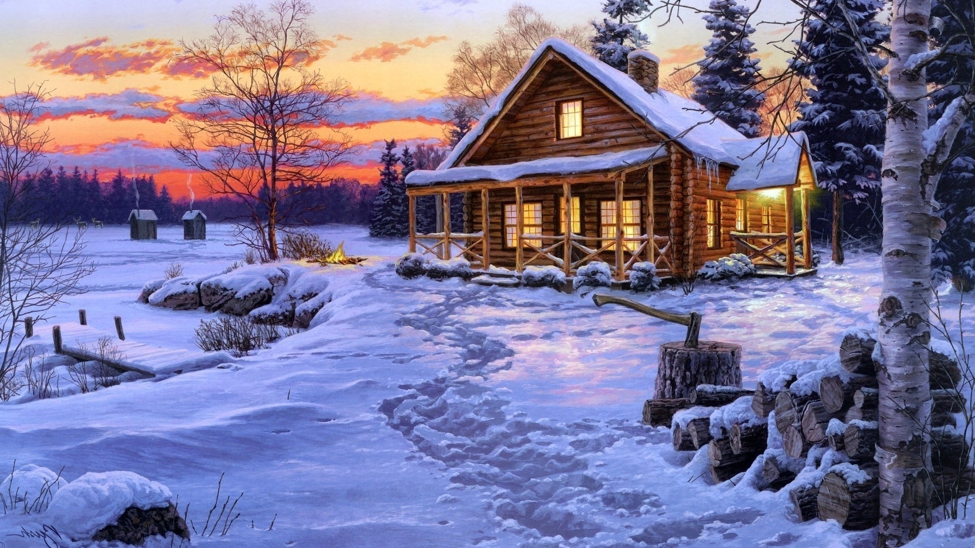 冬日雪景，雪地上的脚印与温馨灯火，绝美风景壁纸免费下载