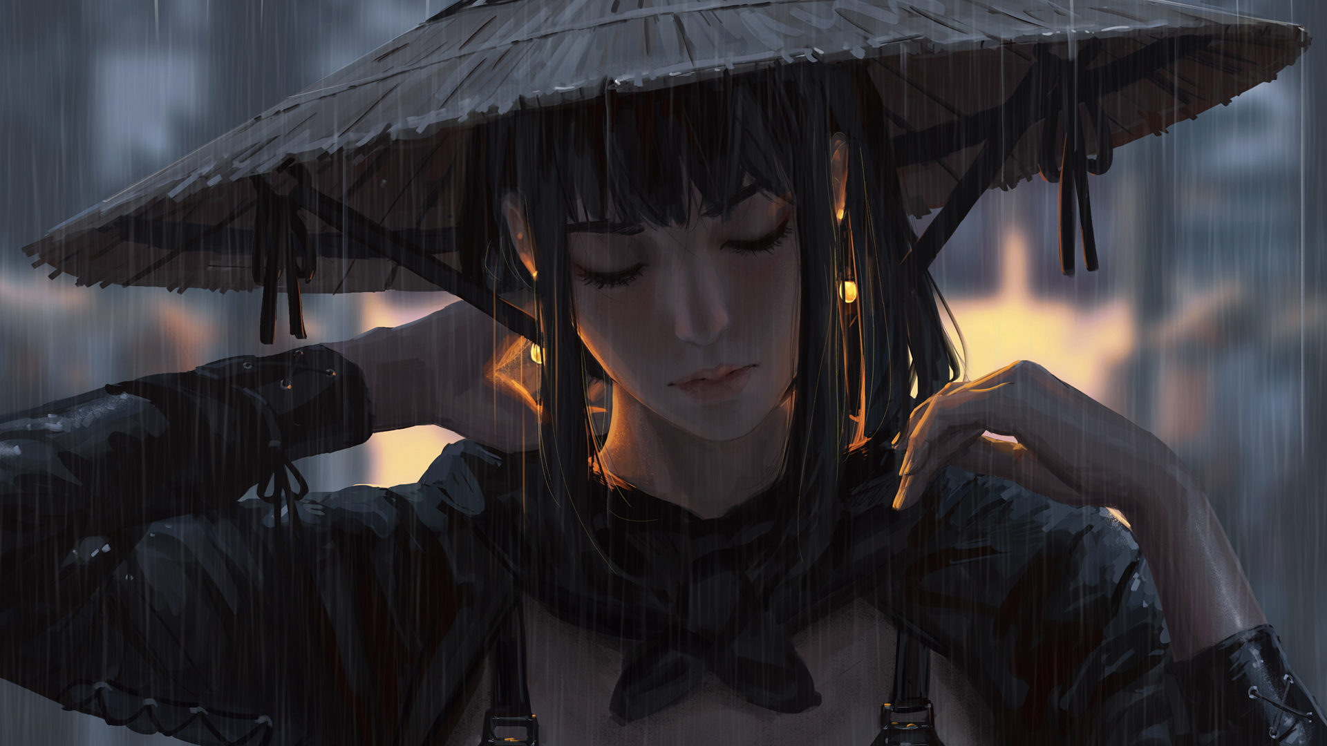 唯美斗笠女孩耳环，闭眼听雨，动漫壁纸免费下载