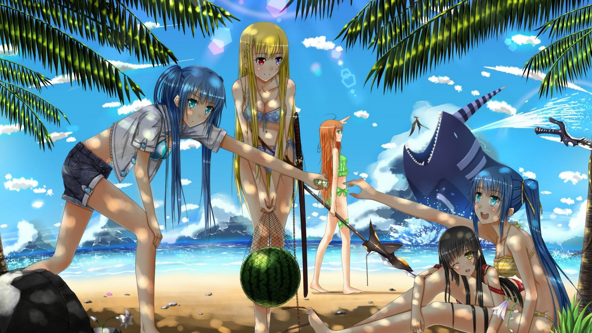 夏日女孩与沙滩，动漫美女壁纸，棕榈树与海水美景，免费下载！