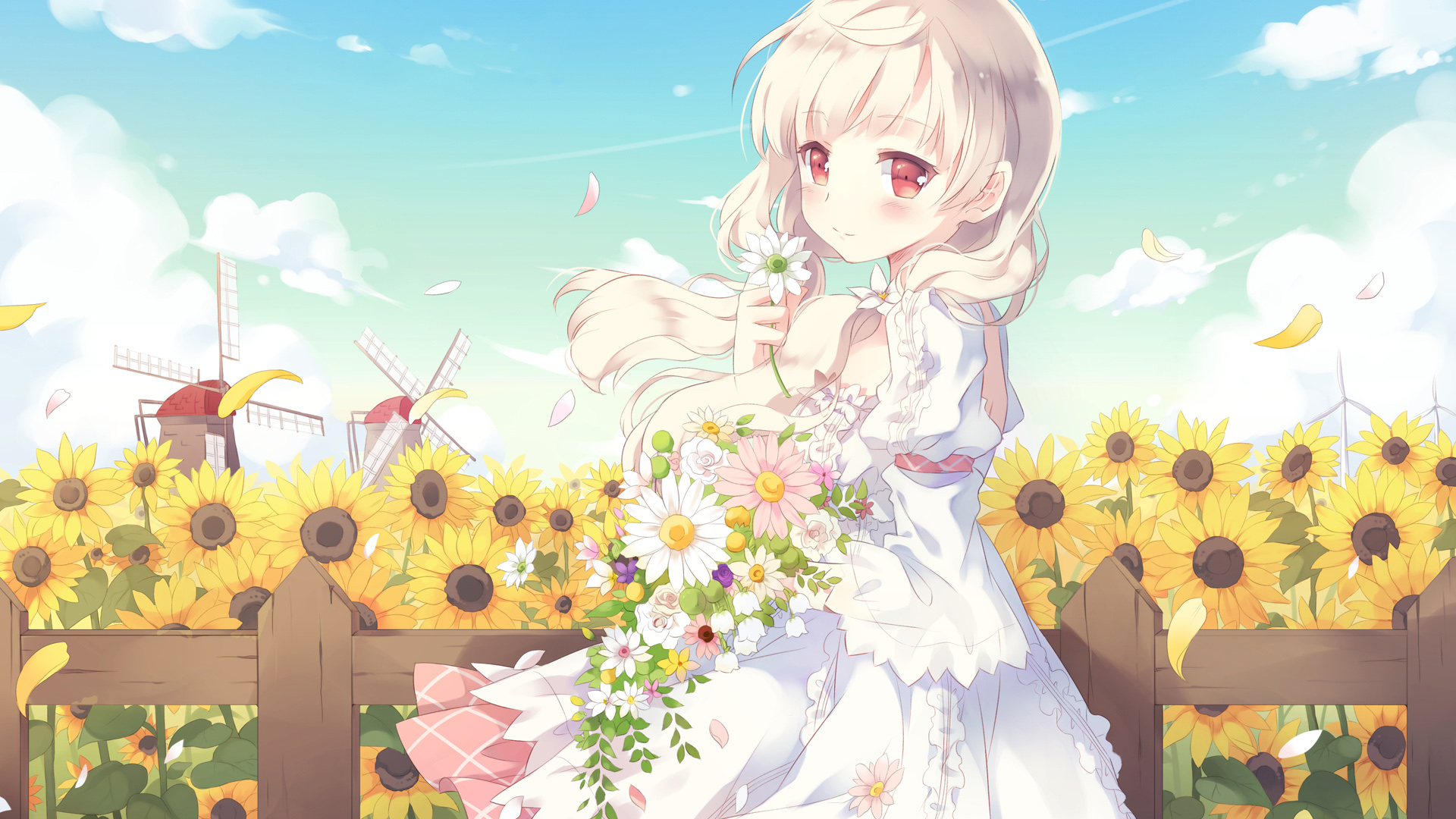清新夏日动漫少女壁纸，向日葵绽放，美好瞬间免费下载